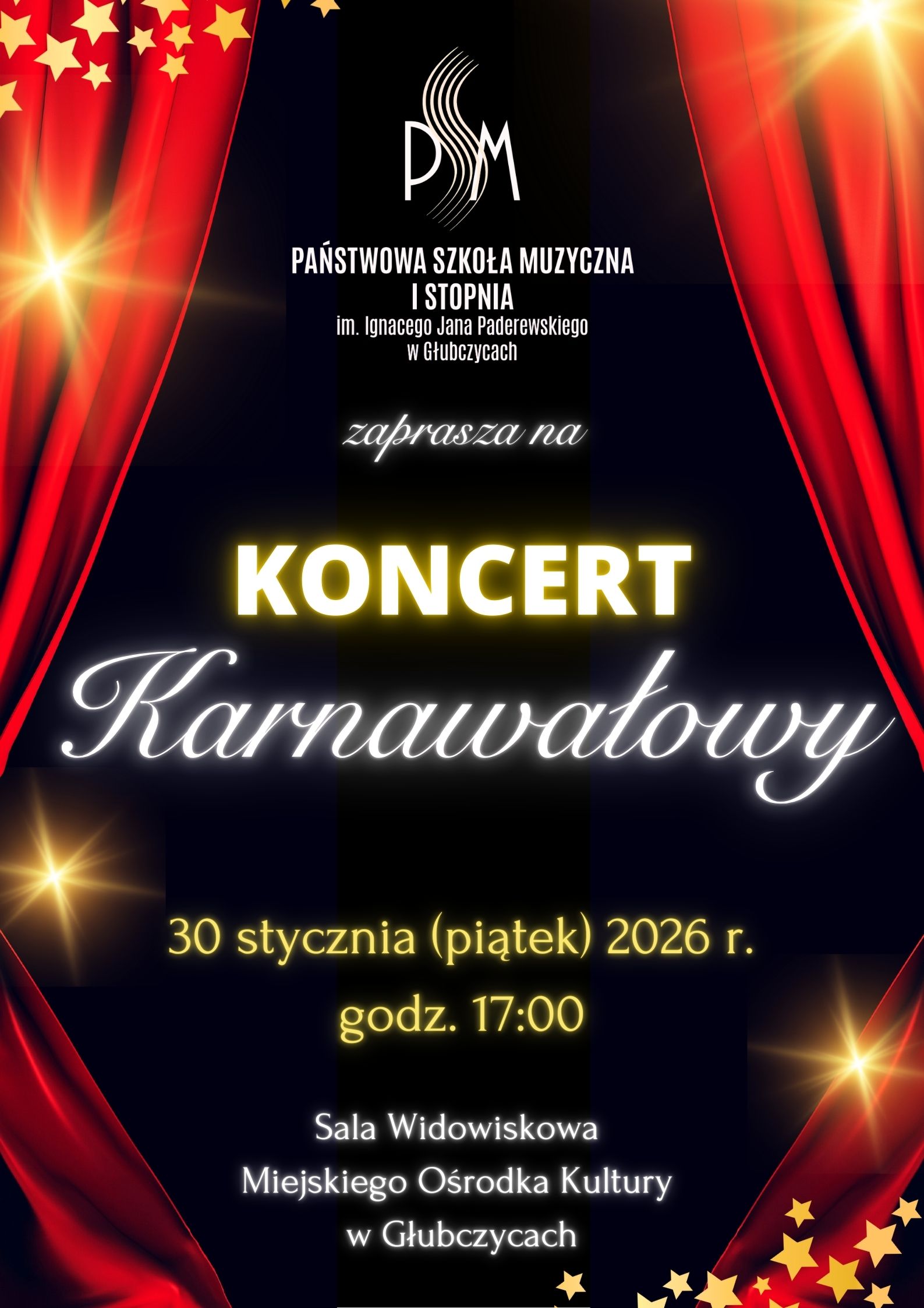 Koncert Karnawałowy w wykonaniu uczniów i nauczycieli PSM w Głubczycach - 30 stycznia 2026 r. godzina 17:00