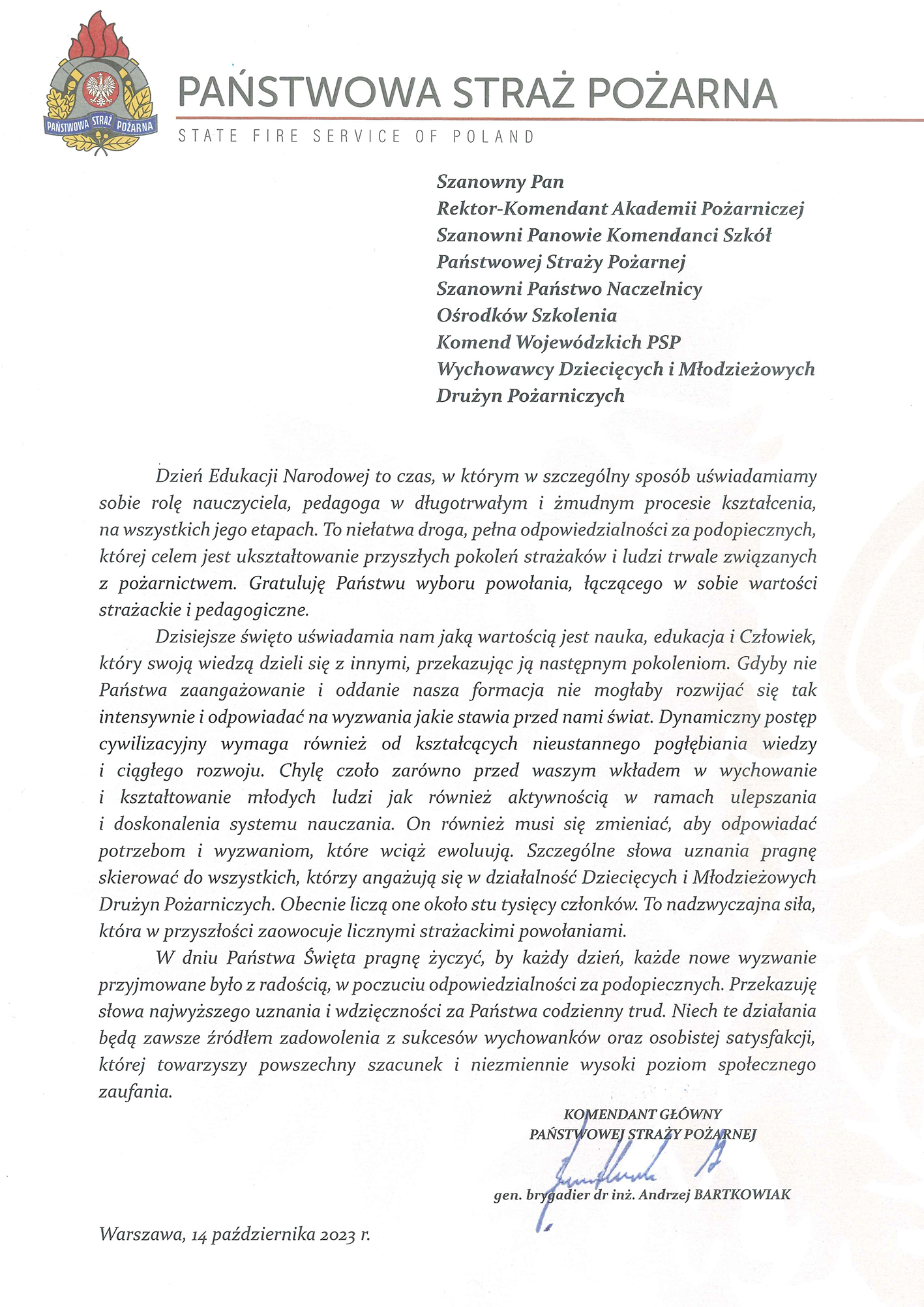 Życzenia Komendanta Głównego PSP z okazji Dnia Edukacji Narodowej