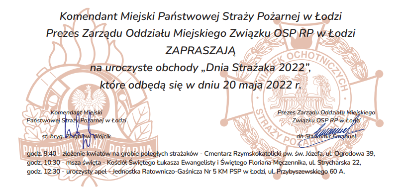 Grafika zaproszenie na uroczyste obchody Dnia Strażaka 2022