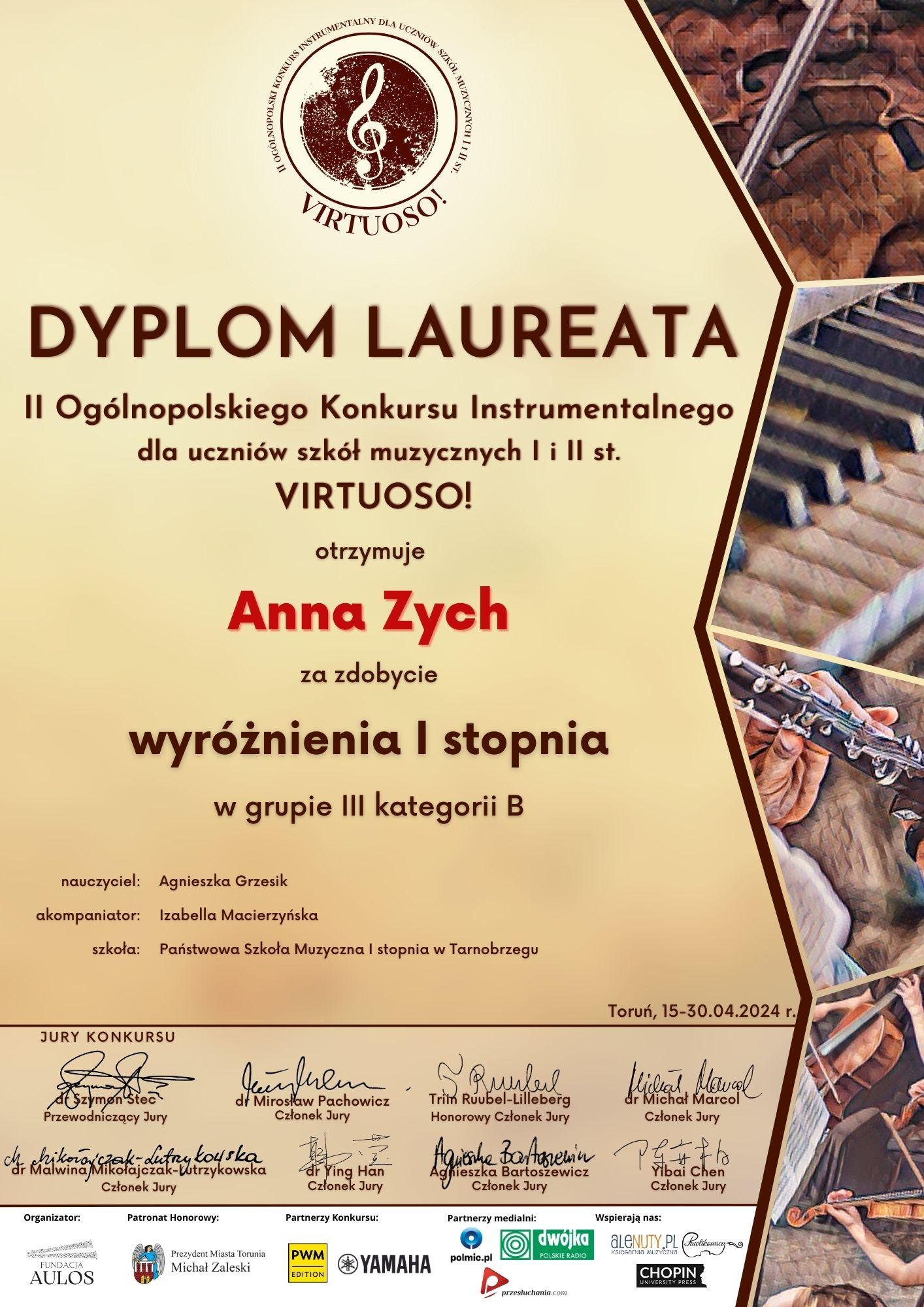 Dyplom laureata. Na górze logo konkursu w postaci brązowego okręgu z kluczem wiolinowym w środku. Po prawej stronie fragmenty ilustracji przedstawiających instrumenty. Na dole logo organizatorów, patronatu honorowego, partnerów konkursu, patronów medialnych i wspierających. 