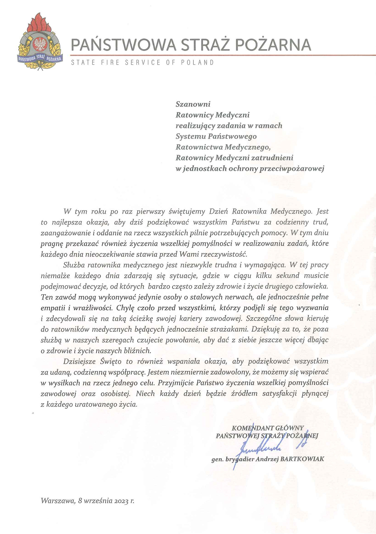 Życzenia Komendanta Głównego z okazji Dnia Ratownika Medycznego