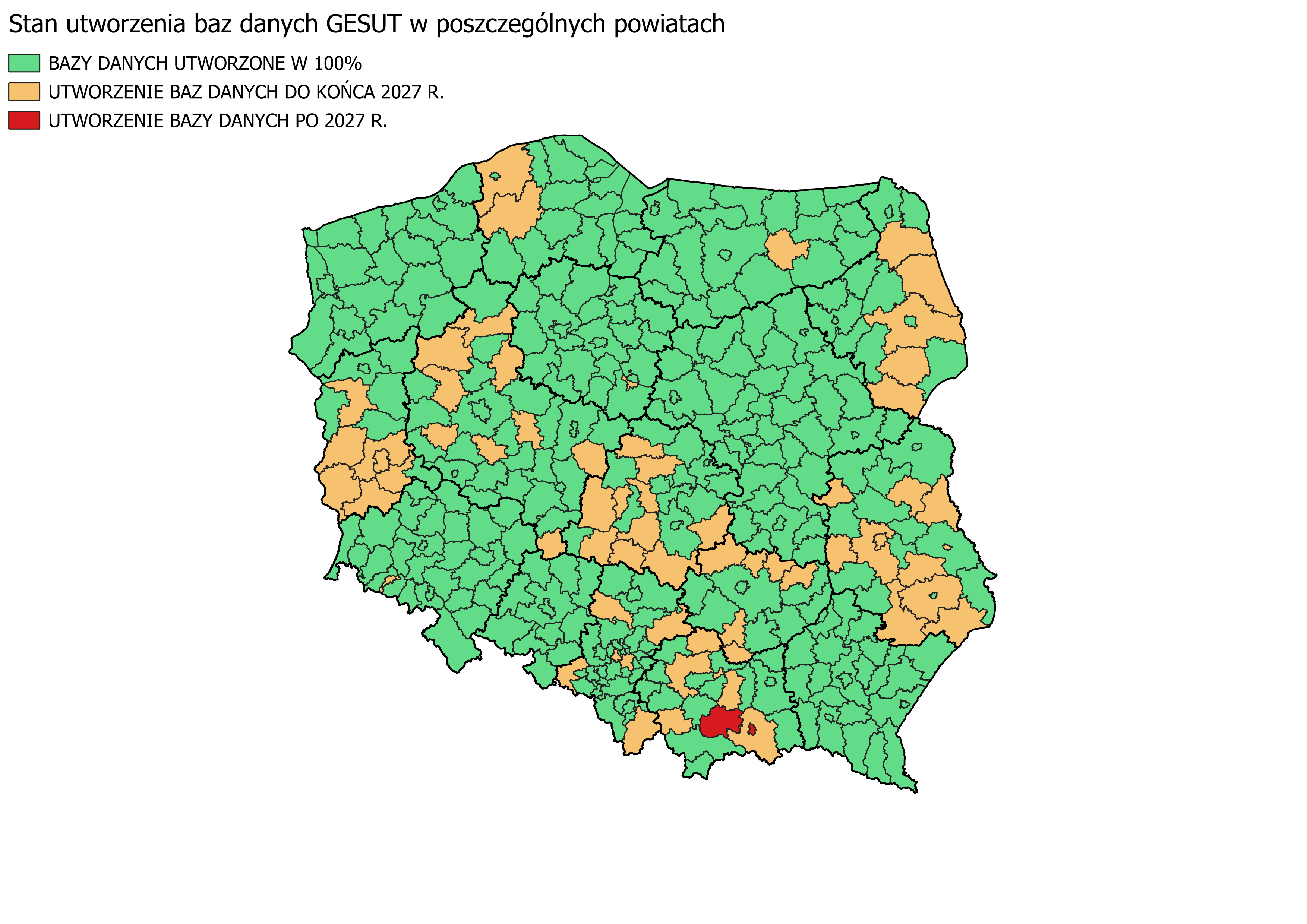 Ilustracja przedstawia mapę Polski obrazującą stan utworzenia baz danych GESUT w poszczególnych powiatach kraju.