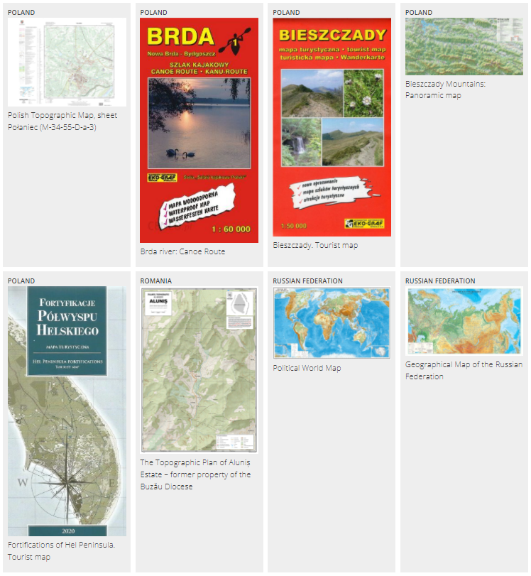 Ilustracja przedstawia miniatury map prezentowanych w polskiej sekcji Międzynarodowej Wystawy Kargograficznej.