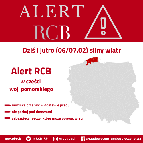 Alert RCB – silny wiatr 06/07.02