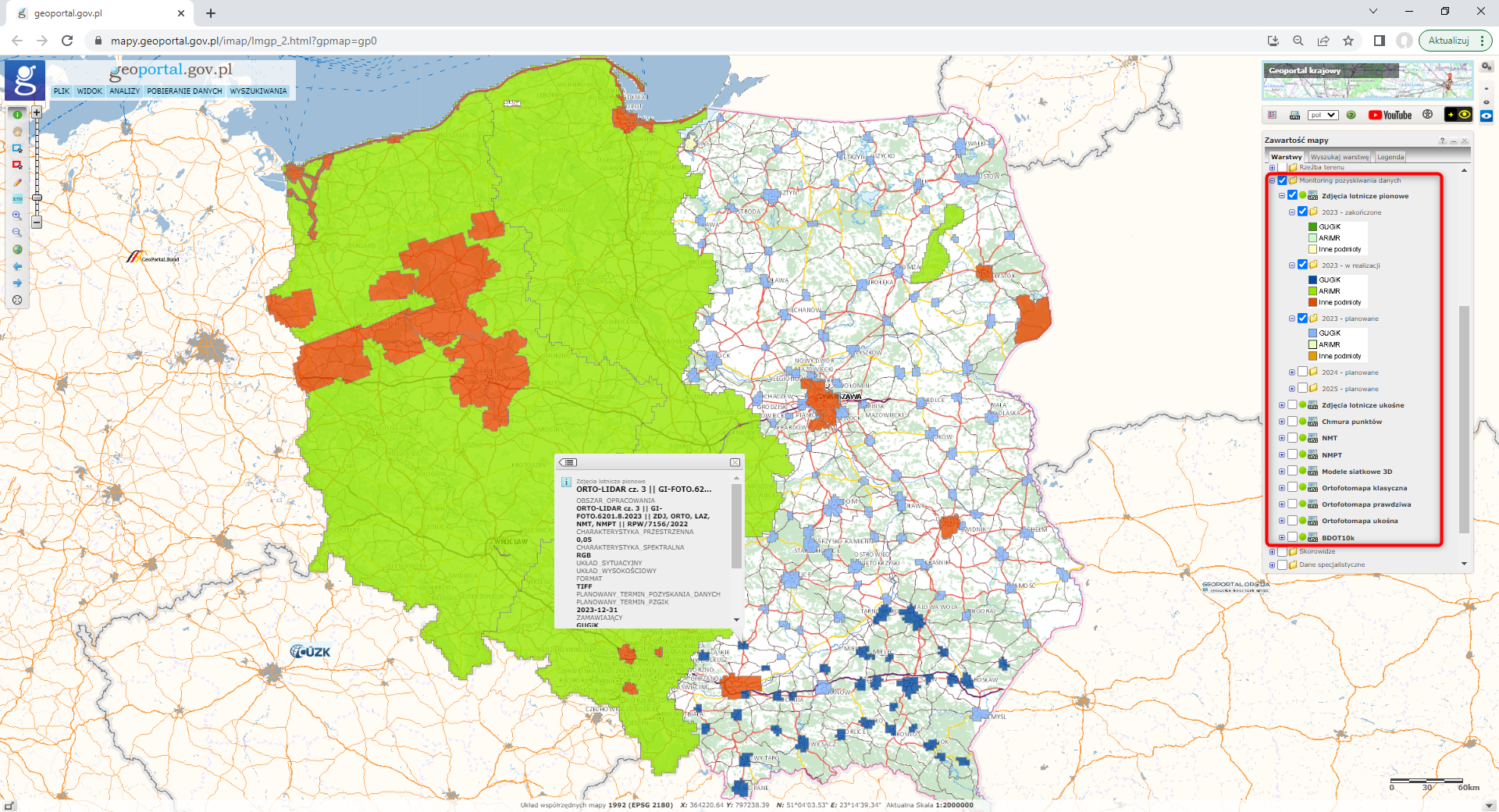 zrzut ekranu z serwisu www.geoportal.gov.pl prezentujący zmieniony Monitoring pozyskiwania danych.