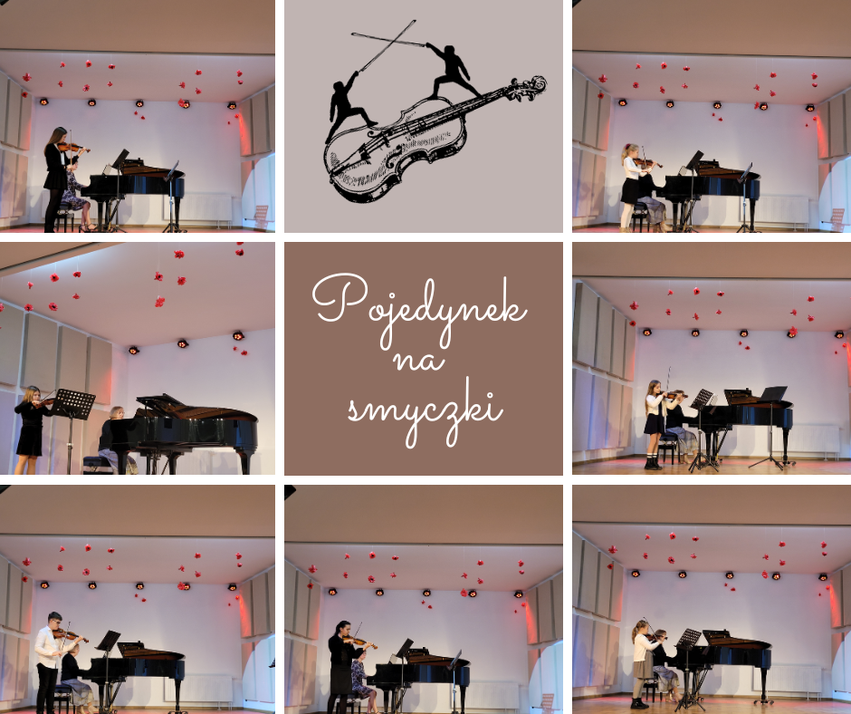 Kolaż jest złożony z dziewięciu okien. Na siedmiu z nich znajduje się fotografia ucznia grającego na skrzypcach. W środkowym oknie widać nazwę konkursu. Powyżej obrazek przedstawia dwie pojedynkujące się postacie, które stoją na pudle rezonansowym skrzypiec.