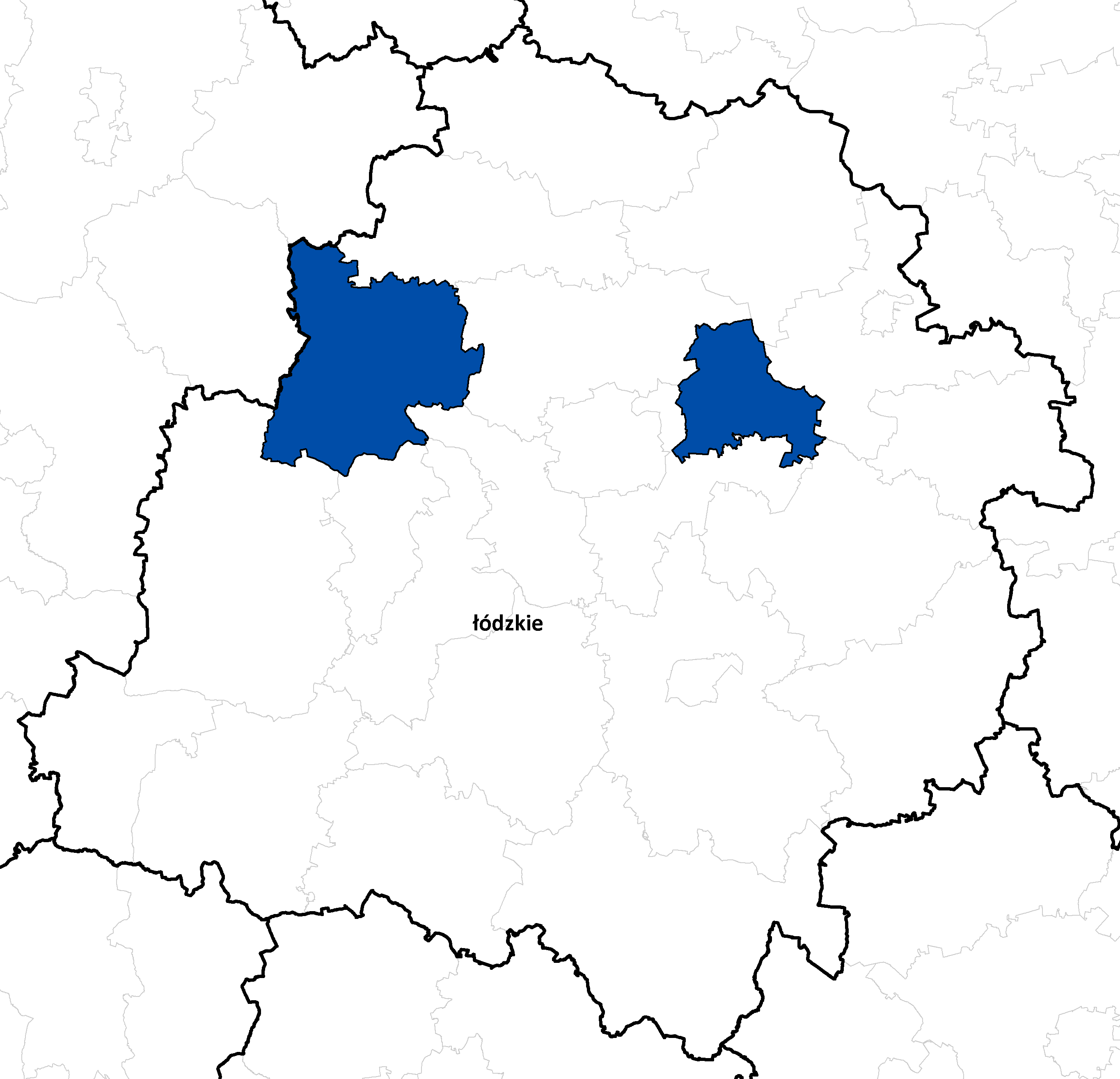 Ilustracja przedstawia powiaty woj. łódzkiego, dla których podpisane zostały umowy na aktualizację zbiorów danych BDOT10k.
