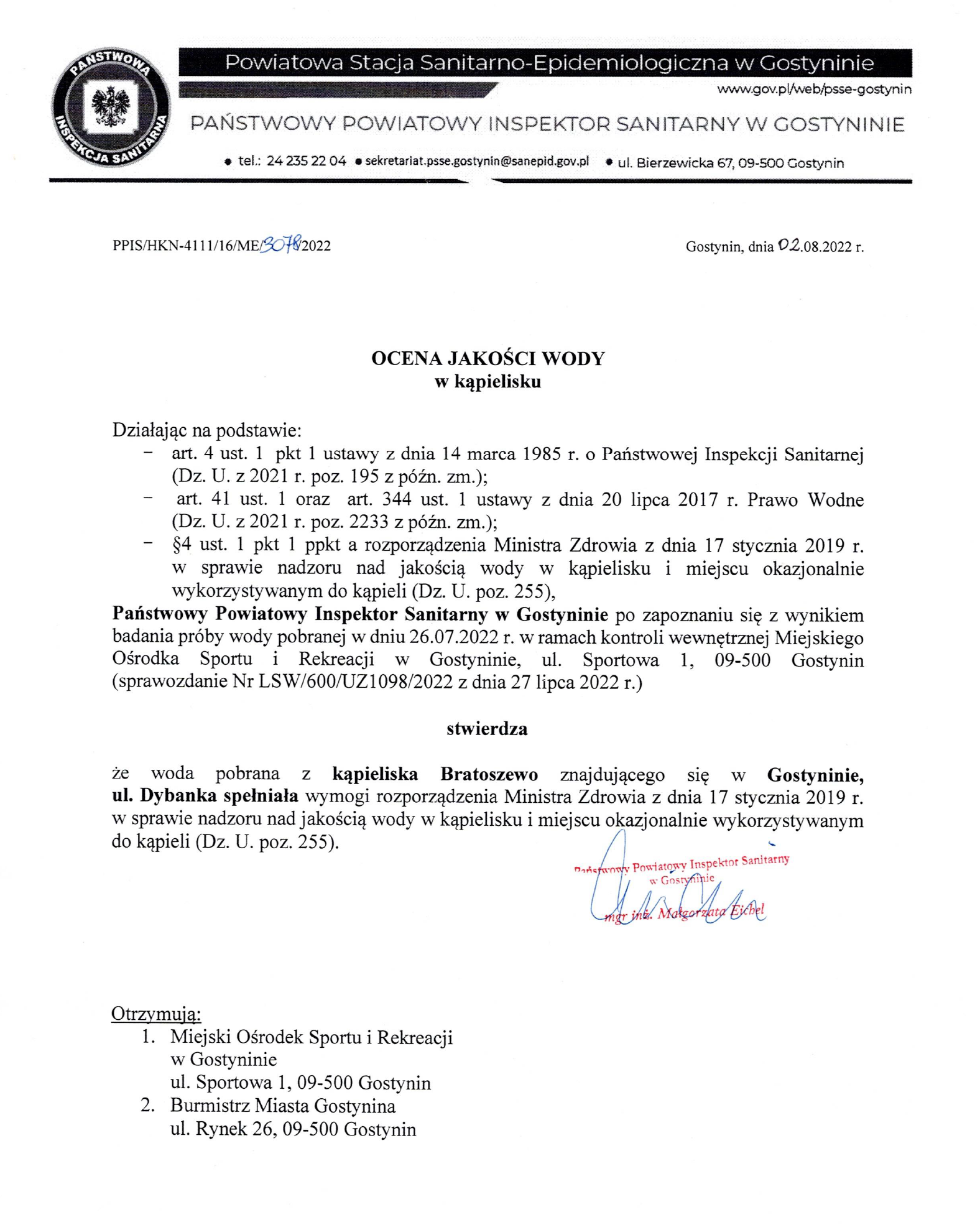 ocena jakosci wody w kąpielisku Bratoszewo z 02.08.2022 r.