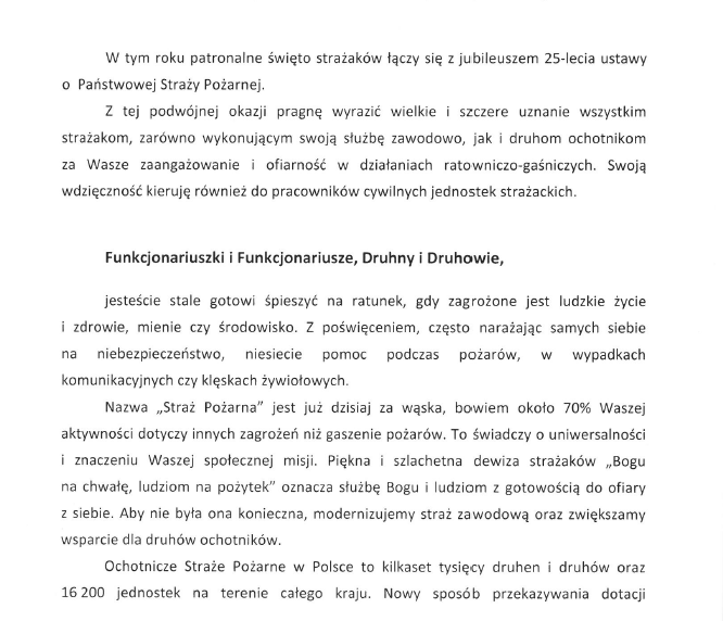List z życzeniami Sekretarza Stanu w MSWiA Jarosława Zielińskiego z okazji Dnia Strażaka