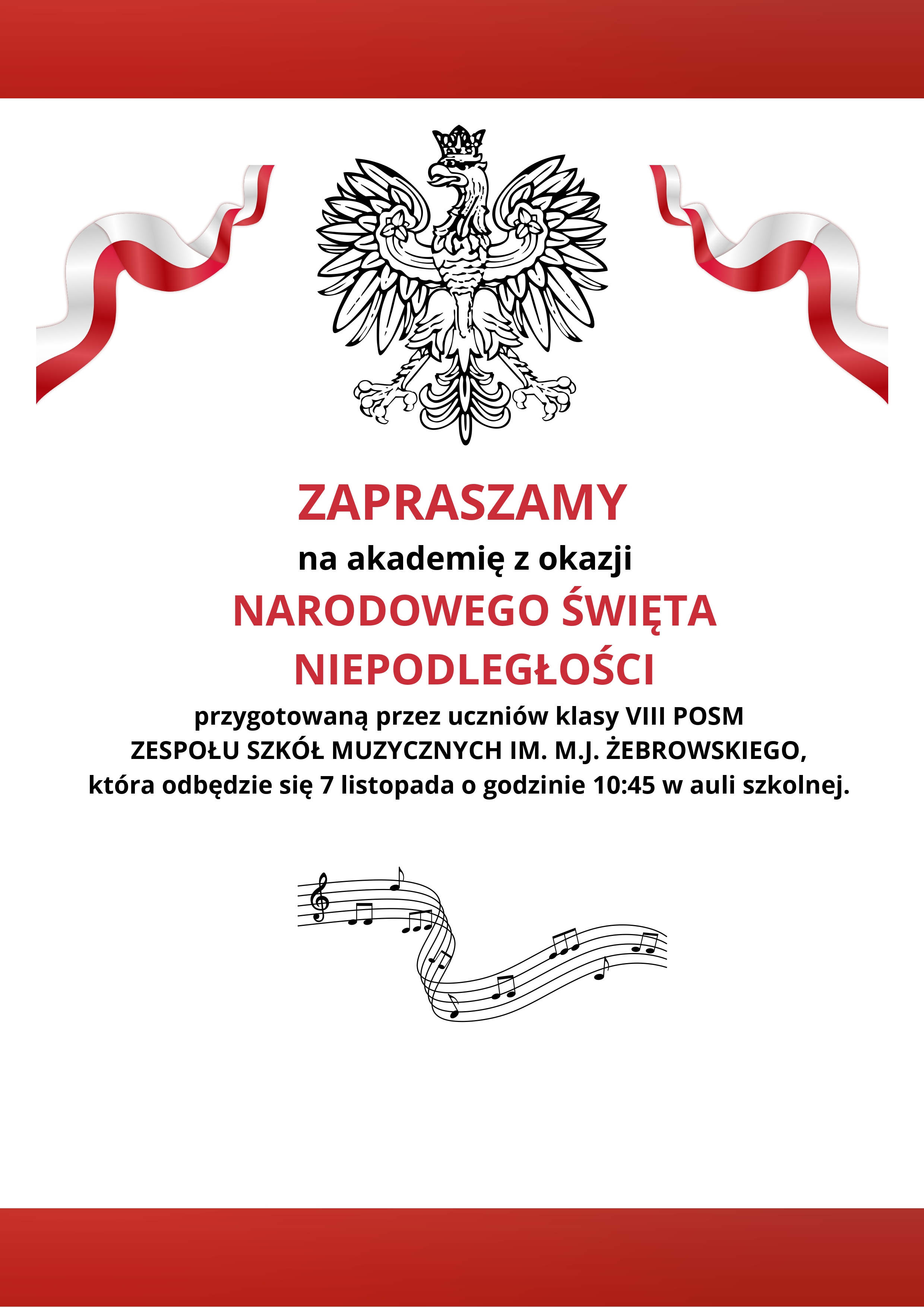 Białe tło, na górze godło i flaga Polski, tekst dotyczący Akademii w wykonaniu klasy VIII z okazji Święta Niepodległości.