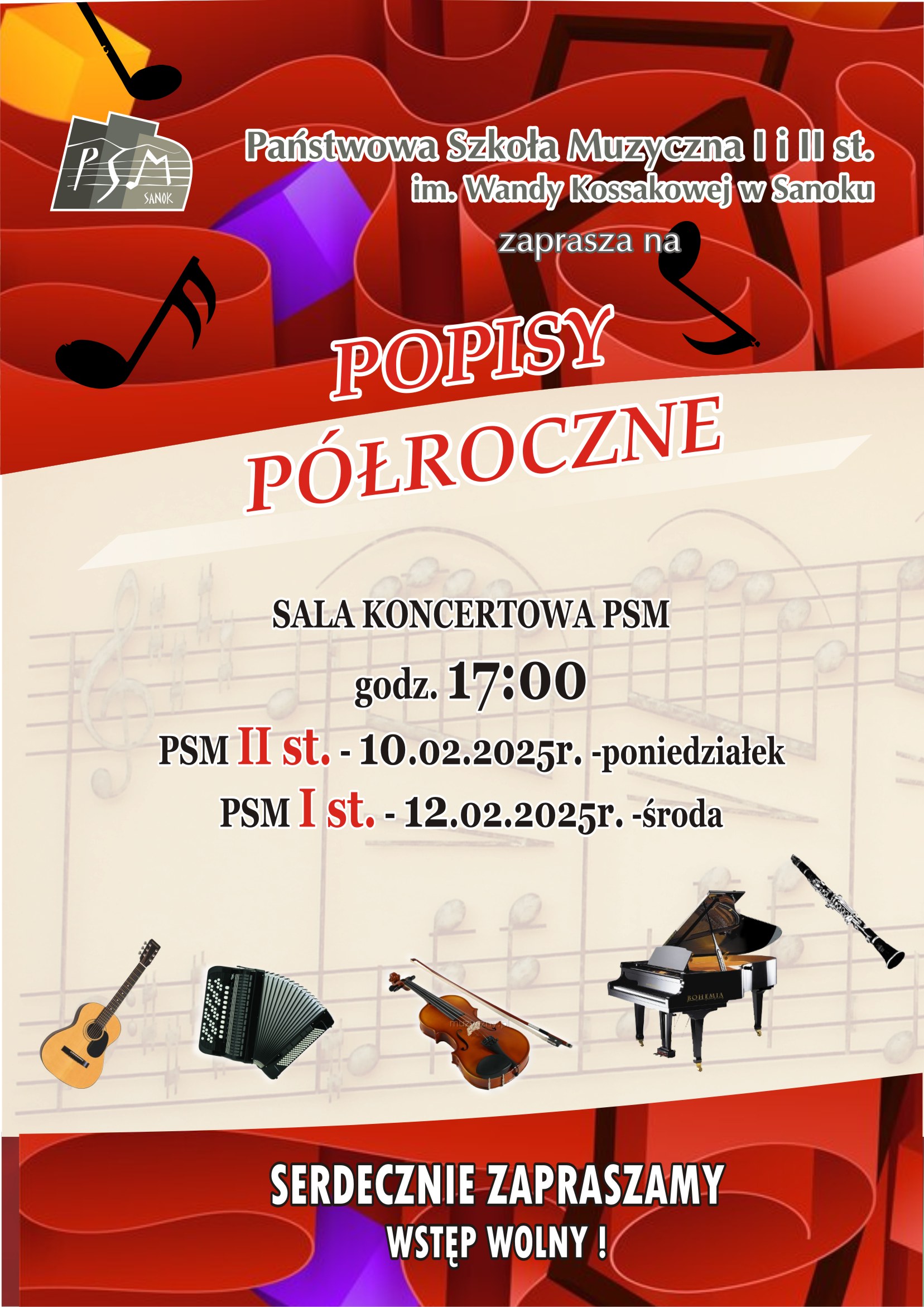 Plakat - Popis Półroczny 2025 - instrumenty na tle nut, czerwone tło, białe i czarne litery