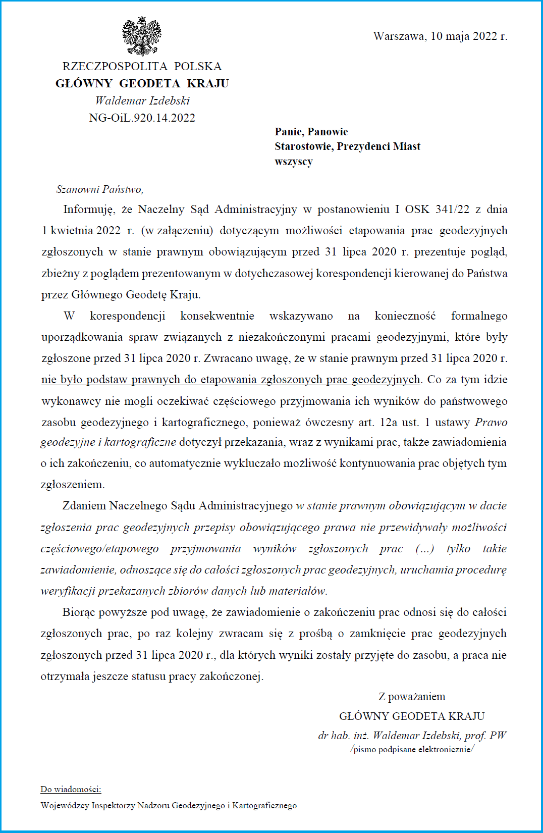 Rysunek przedstawia pismo Głównego Geodety Kraju nr NG-Oil.920.14.2022 z dnia 10 maja 2022 r.
