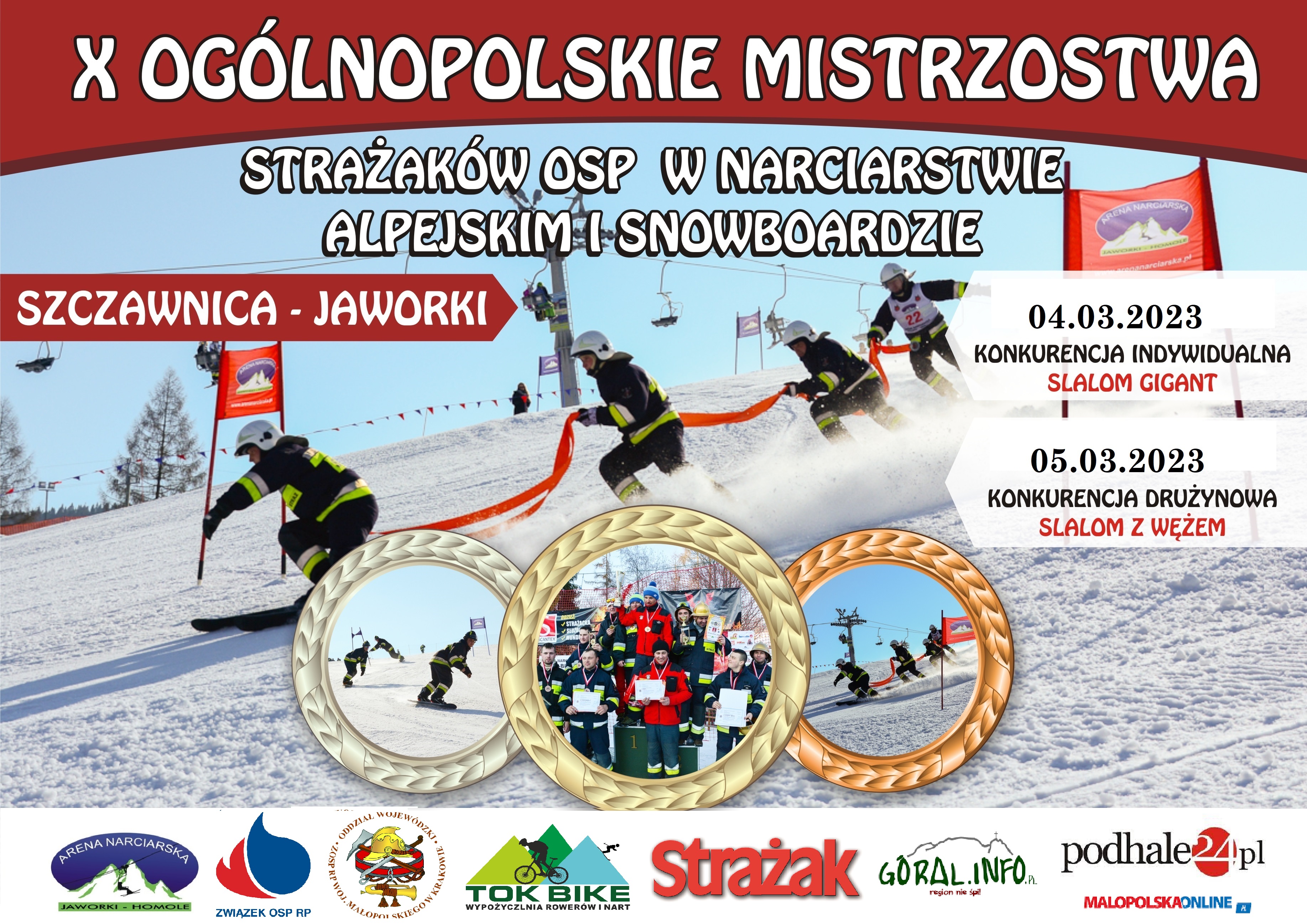 Plakat dot. X Mistrzostw Polski Strażaków OSP w narciarstwie alpejskim i snowboardzie 2023