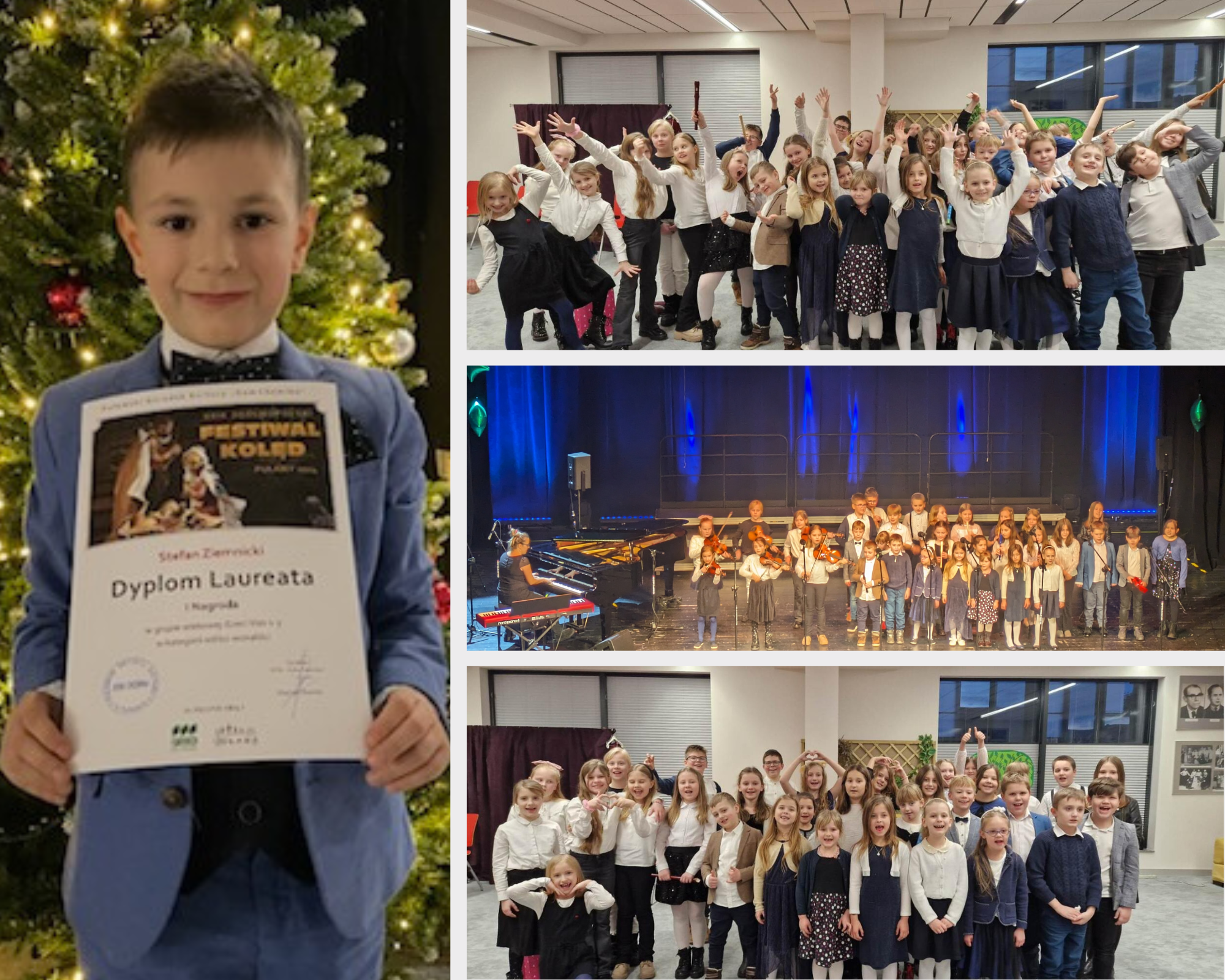 Kolaż składający się z 4 zdjęć: po lewej Stefan Ziemnicki trzymający dyplom laureata na tle choinki, po prawej 3 zdjęcia grupy rytmicznej