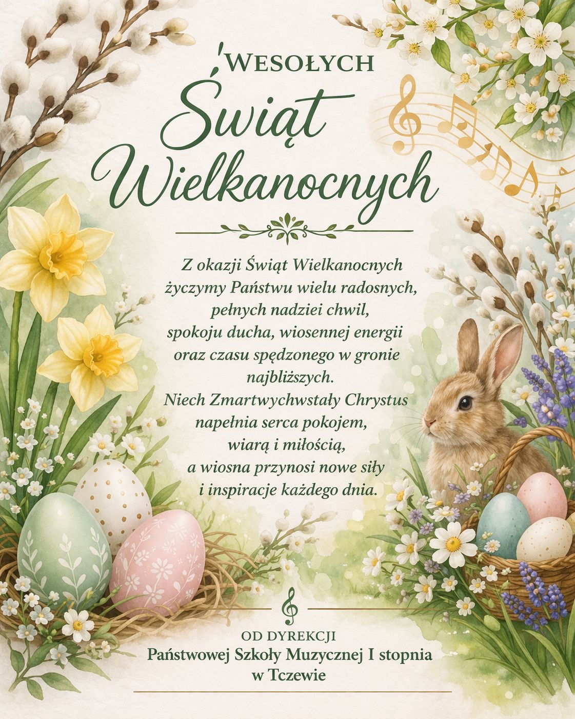 Na beżowym tle po bokach grafiki pisanek, baź wielkanocnych, kwiatków wiosennych, króliczka i nutki na pięciolinii. Treść plakatu: Wesołych Świąt Wielkanocnych; Z okazji Świąt Wielkanocnych, życzymy Państwu wielu radosnych, pełnych nadziei chwil, spokoju ducha, wiosennej energii oraz czasu spędzonego w gronie najbliższych. Niech Zmartwychwstały Chrystus napełni serca pokojem, wiarą i miłością, a wiosna przynosi nowe siły i inspiracje każdego dnia. Od dyrekcji Państwowej Szkoły Muzycznej I stopnia w Tczewie.