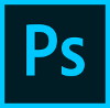 Kwadratowe logo programu Adobe Photoshop, ramka w kolorze turkusowym, wypełnienie w kolorze grafitowym, w środku duża litera P i mała litera s. Litery są w kolorze turkusowym.