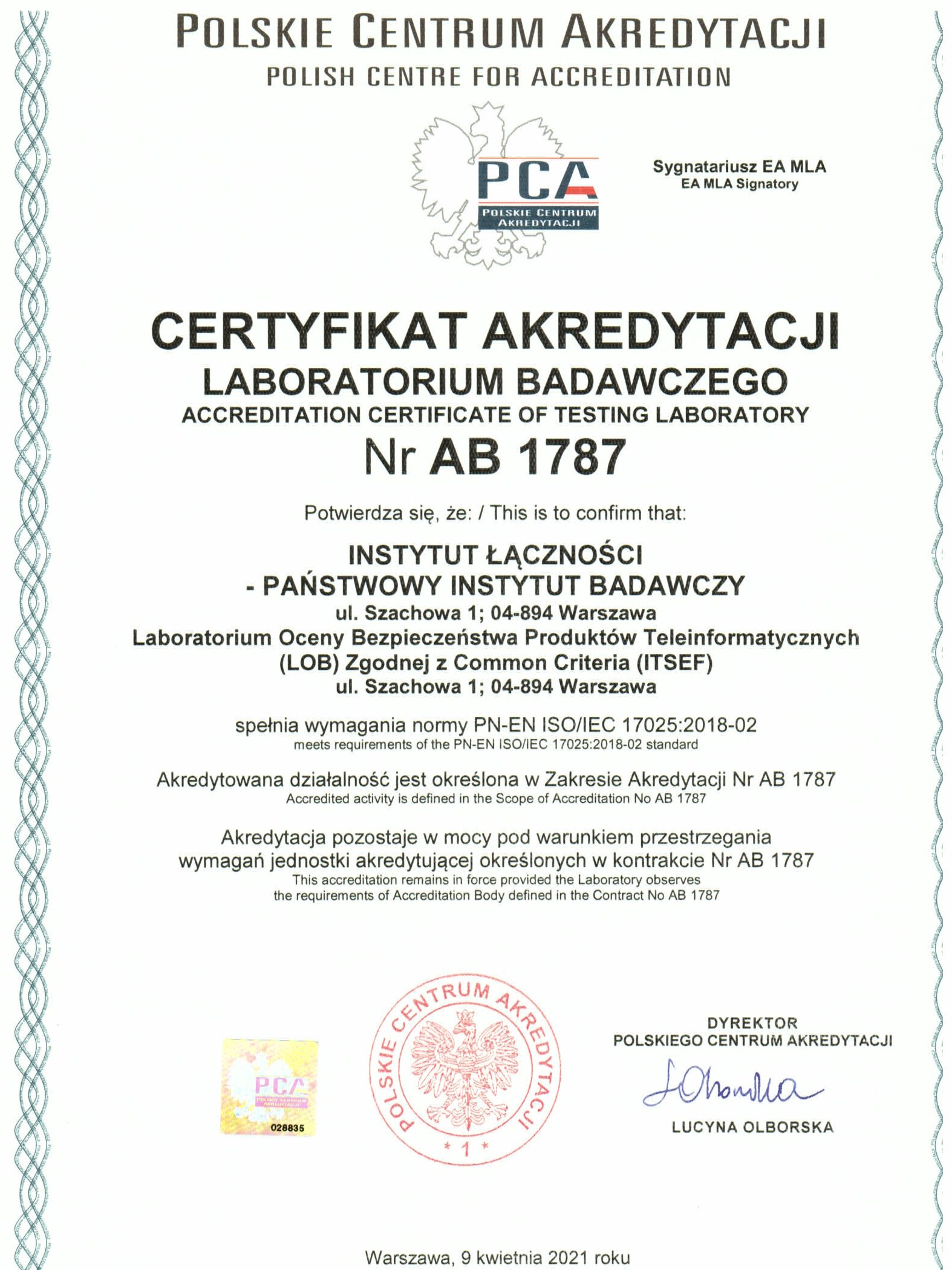 Certyfikat akredytacji AB 1787