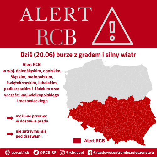 Alert RCB 20 czerwca – burze z gradem i silny wiatr