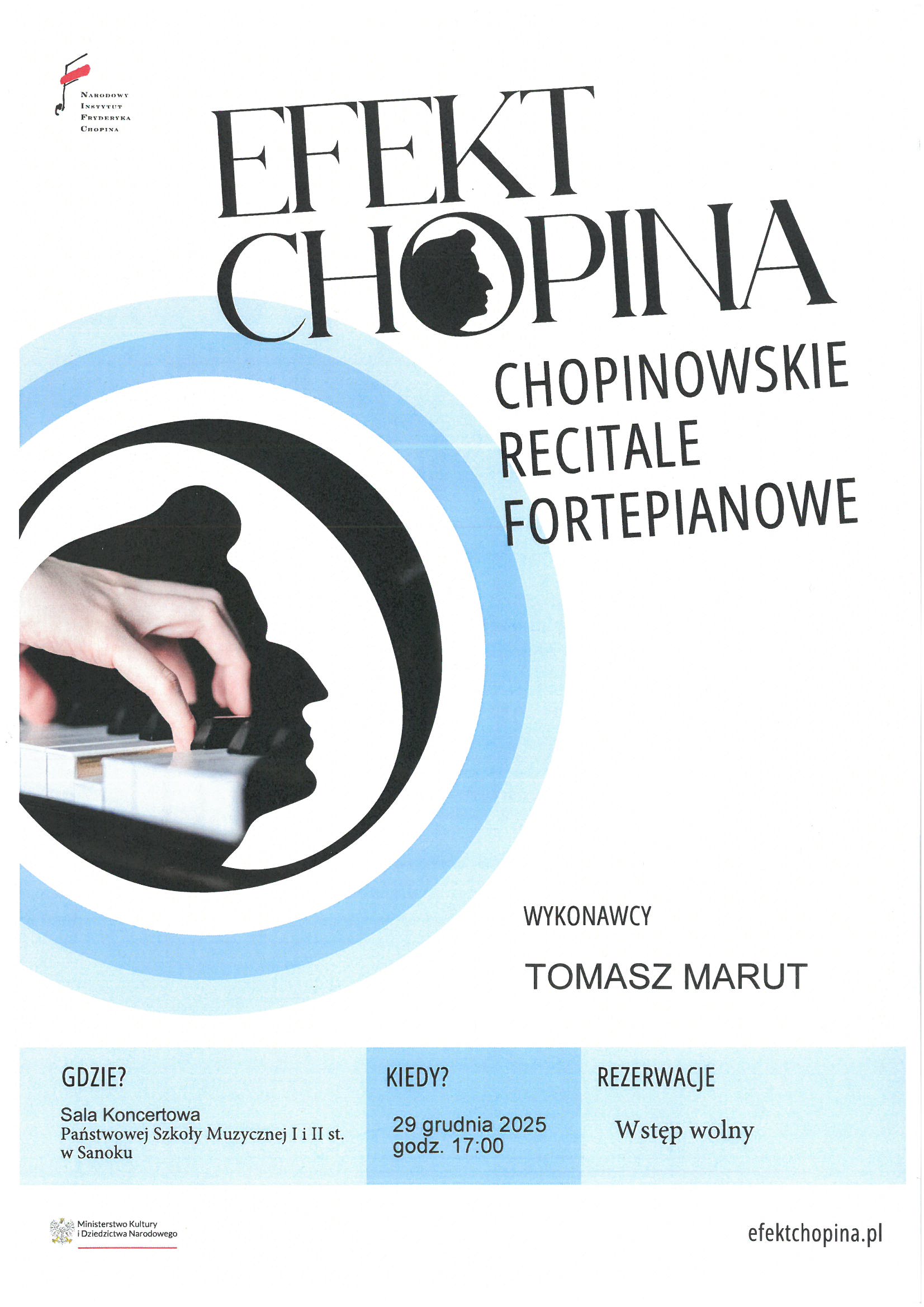 Plakat Efekt Chopina. Białe tło z błękitnymi elementami, loga MKiDN i Narodowego Instytutu Chopina 