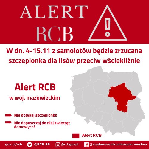 Alert RCB – sczepienie lisów, województwo mazowieckie.