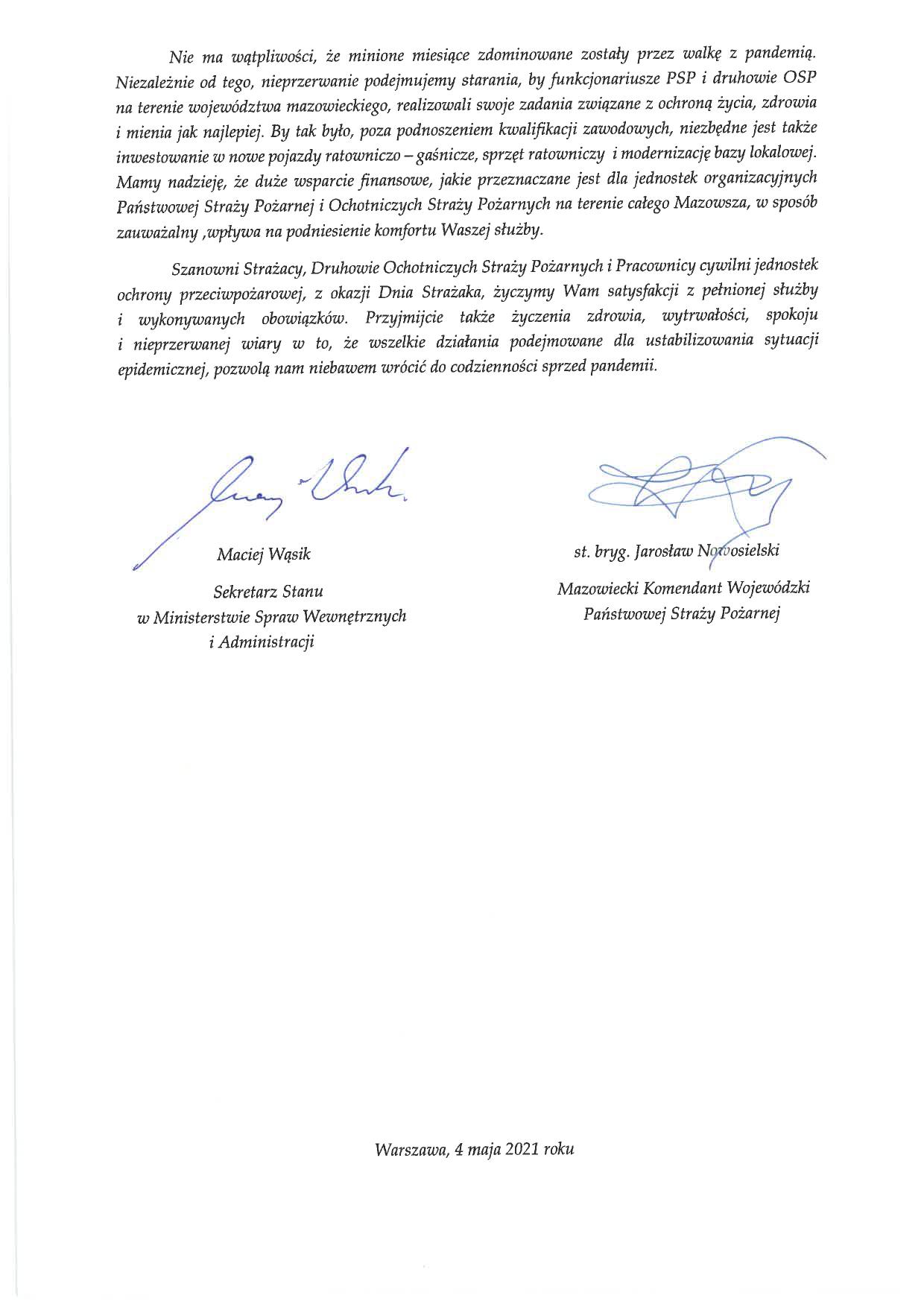 Życzenia wiceministra spraw wewnętrznych i administracji oraz mazowieckiego komendanta wojewódzkiego PSP z okazji Dnia Strażaka