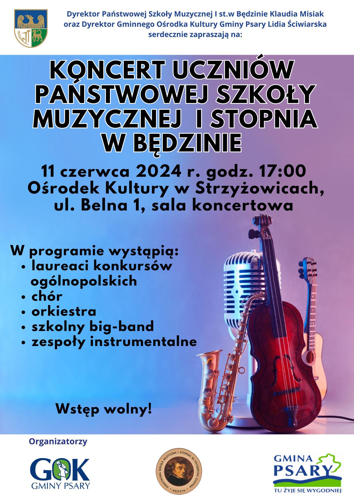 plakat na niebiesko-fioletowym tle, na dole logotypy, na środku napisy i instrumenty