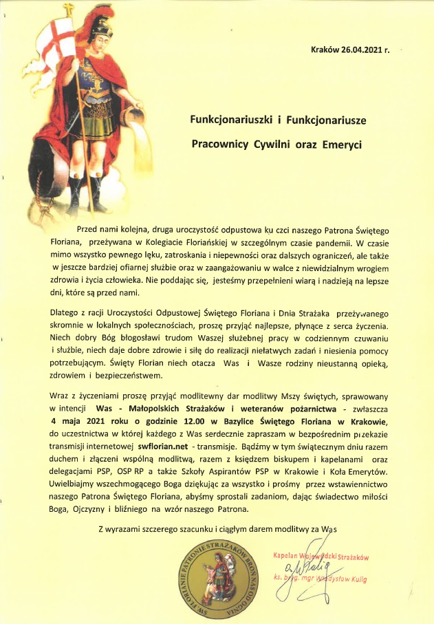 Życzenia Wojewódzkiego Kapelana Strażaków