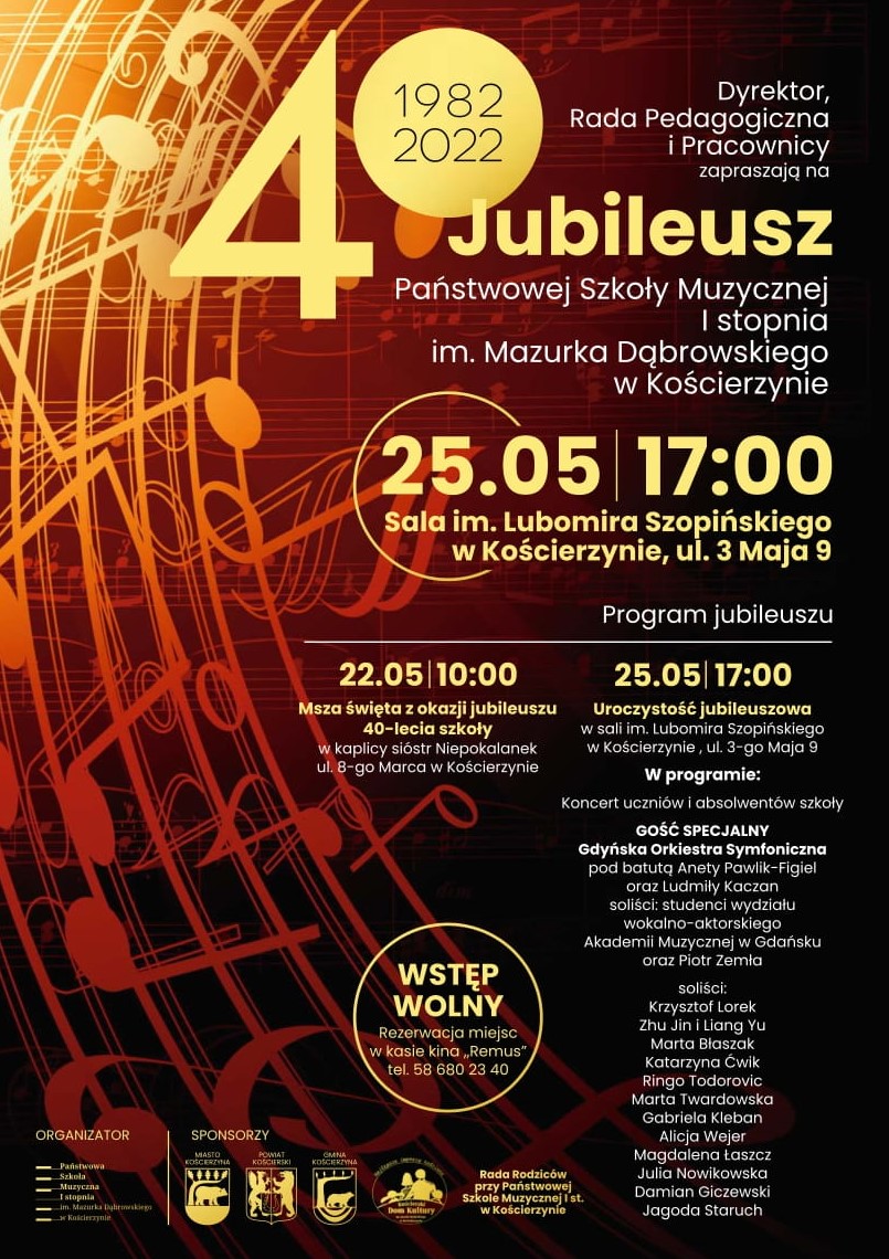 Na ciemnym tle zaprezentowano w jasnych odcieniach poprzewracane nuty z pięcioliniami po lewej stronie. Po prawej stronie program jubileuszu szkoły. Na dole loga sponsorów. 