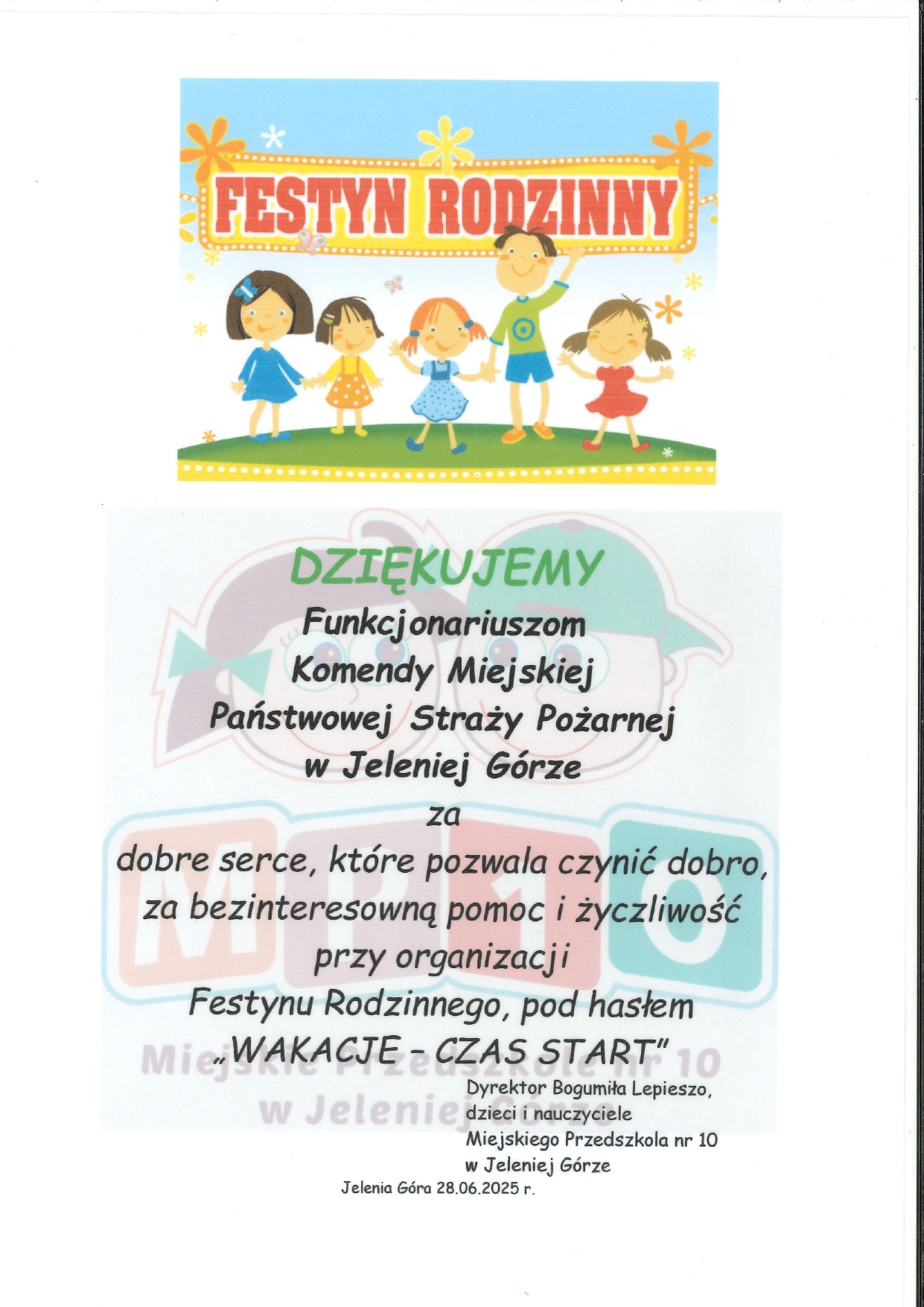 Podziękowania od Miejskiego Przedszkola nr 10 w Jeleniej Górze - funkcjonariusze