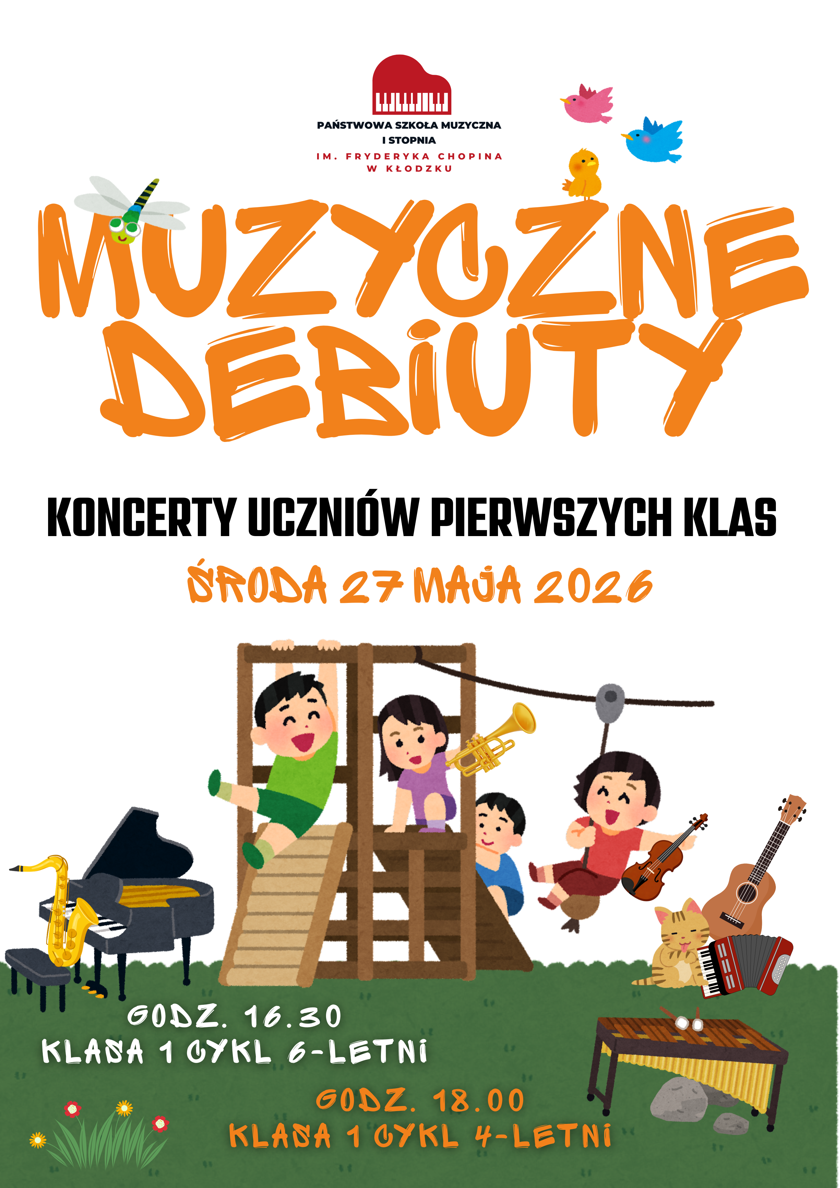 Plakat koncertów muzycznych „Muzyczne Debiuty” uczniów pierwszych klas szkoły muzycznej w Kłodzku. Na ilustracji dzieci bawią się na placu zabaw w otoczeniu instrumentów muzycznych. Wydarzenie odbędzie się 27 maja 2026 roku o godzinach 16:30 i 18:00.