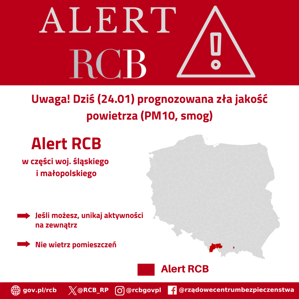 Alert RCB o treści: „Uwaga! Dziś (24.01) prognozowana zła jakość powietrza - SMOG (pył zawieszony - PM10). Jeśli możesz, unikaj aktywności na zewnątrz i nie wietrz pomieszczeń”.
