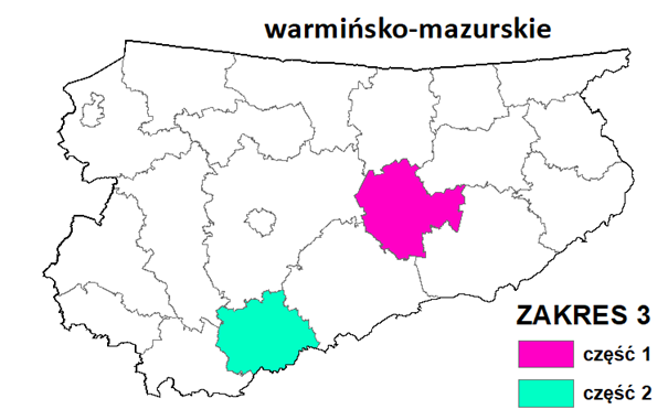 Ilustracja przedstawia zasięg terytorialny ogłoszonego przetargu na aktualizację zbiorów danych BDOT10k.