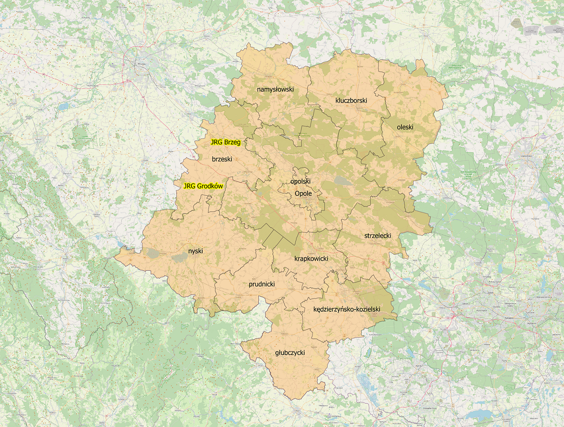 Mapa obszaru chronionego przez SGRT „Brzeg” w poziomie gotowości „A” - teren województwa opolskiego.