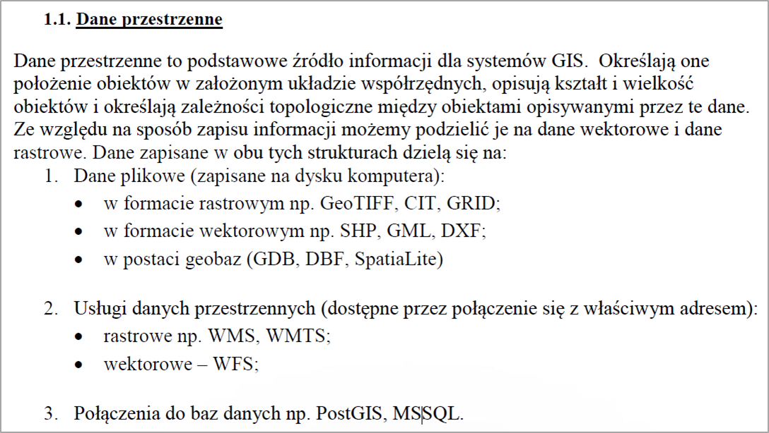 Fragment treści zeszytu ćwiczeń. Rozdział 1.1. Dane przestrzenne. Podział na dane plikowe, usługi danych przestrzennych oraz połączenia do baz danych.