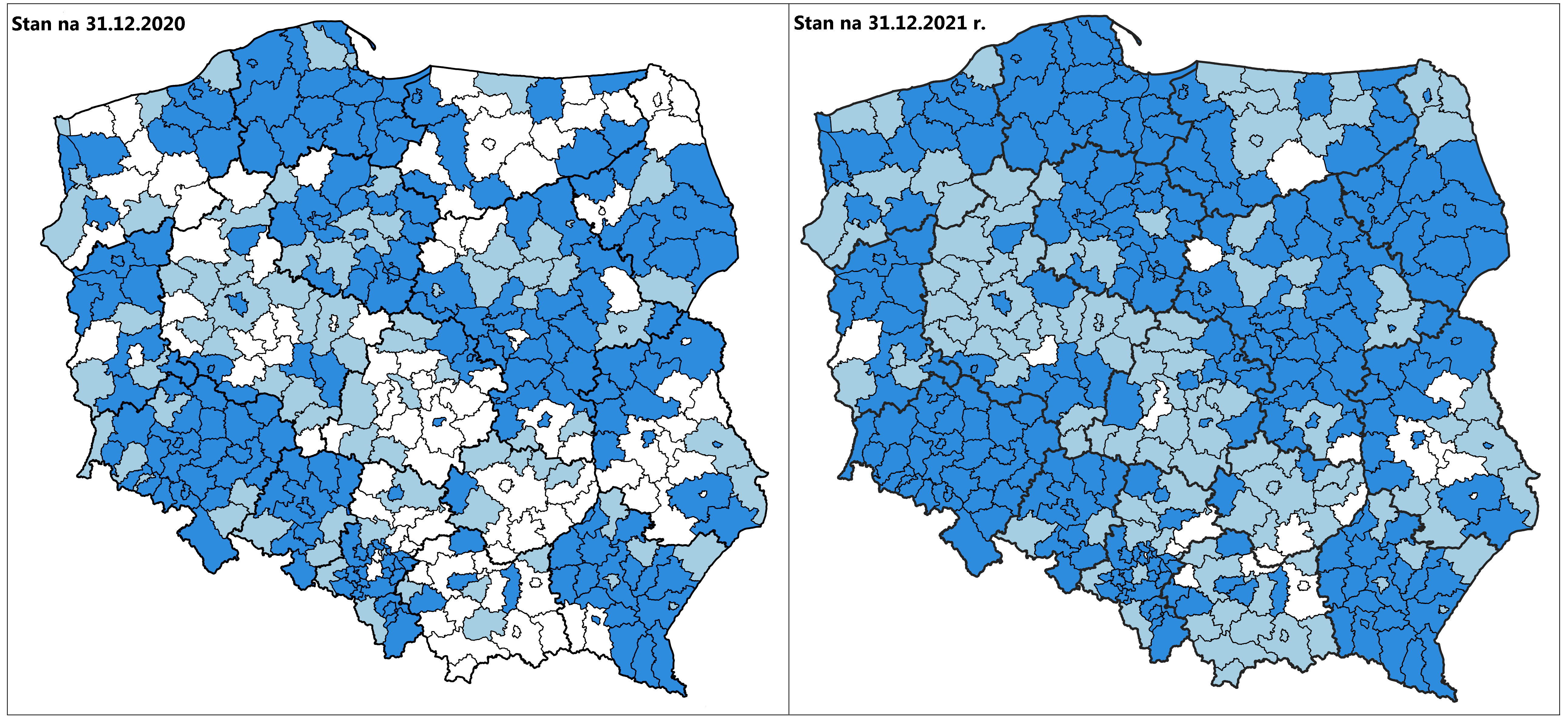 Ilustracja przedstawia dwie mapy Polski z oznaczonym kolorystycznie stanem wdrażania układu PL-EVRF2007-NH w powiatach - po lewej ze stanem na dzień 31.12.2020 roku, po prawej ze stanem na dzień 30.12.2021 r.