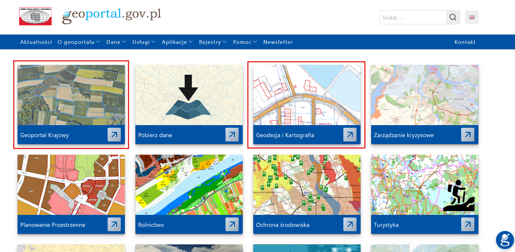 Ilustracja przedstawia stronę główną www.geoportal.gov.pl z zaznaczonymi modułami "Geoportal Krajowy" i "Geodezja i Kartografia"