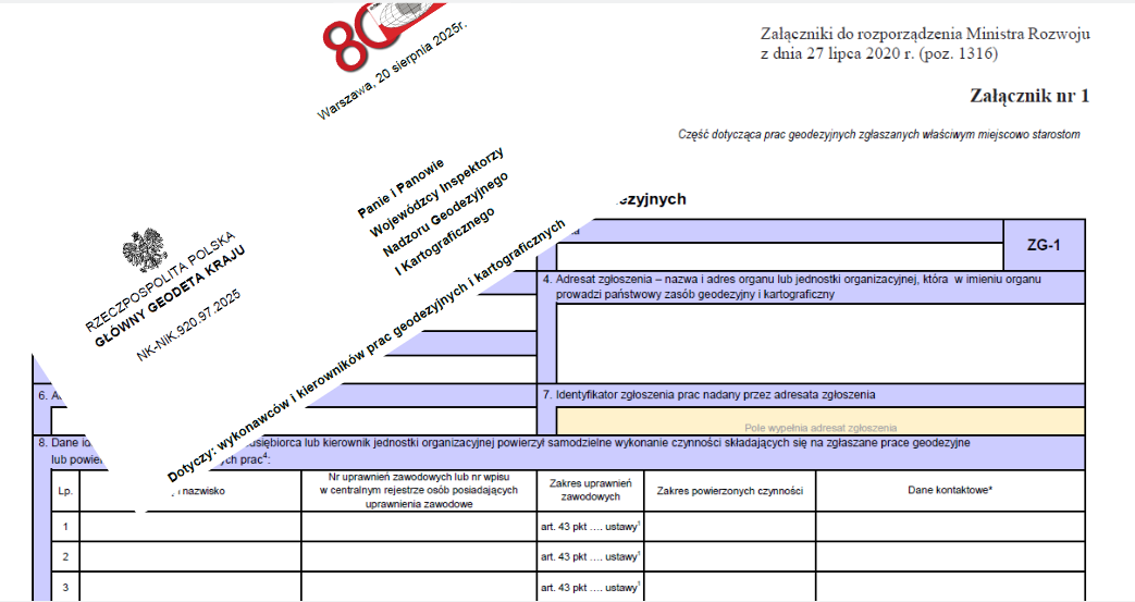 Obraz przedstawia fragment pisma GGK skierowanego do Wojewódzkich Inspektorów Nadzoru Geodezyjnego i Kartograficznego, na fragmencie wzoru zgłoszenia prac geodezyjnych i kartograficznych. 