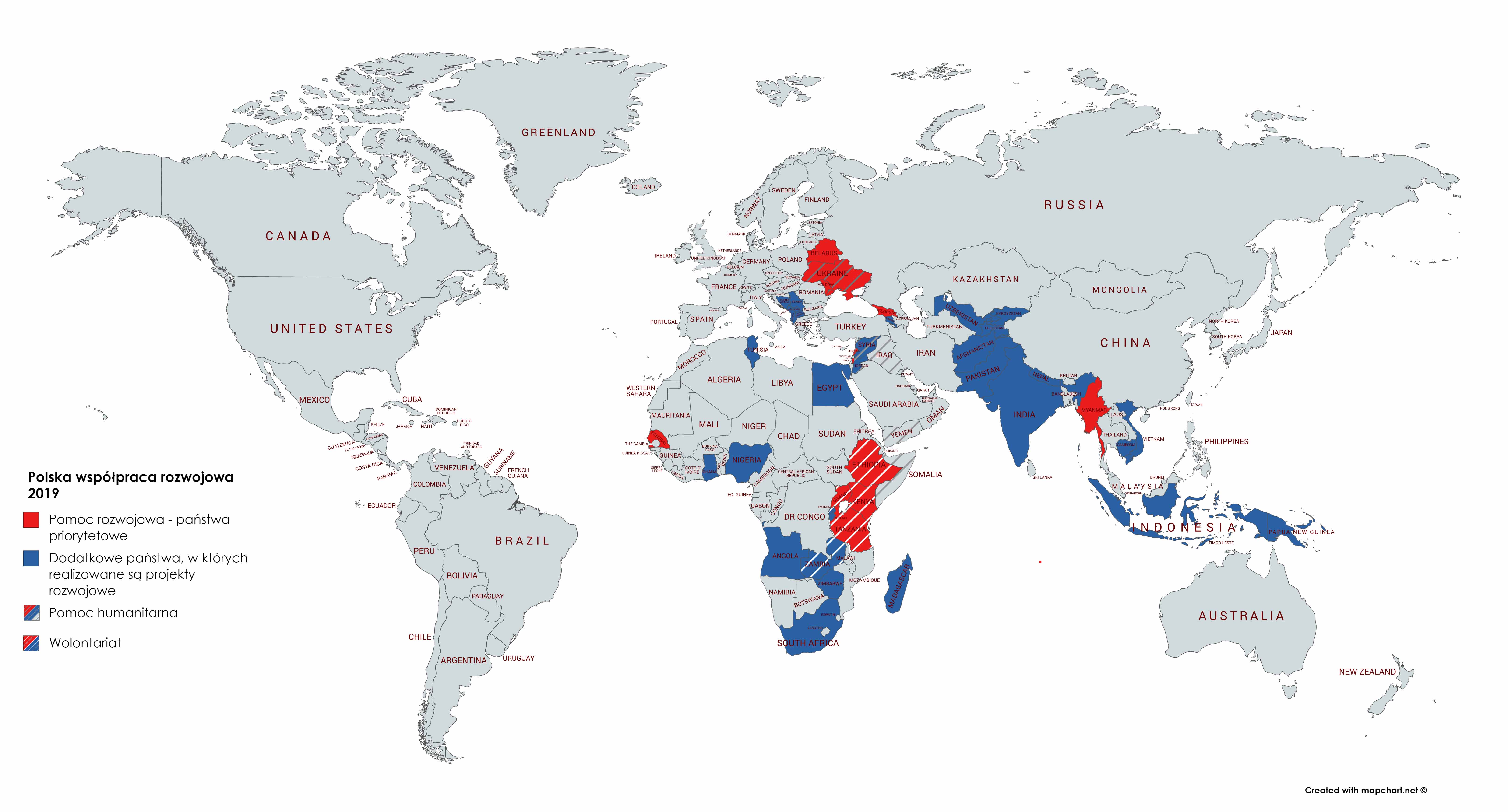 Mapa świata z zaznaczonymi państwami, w których realizowane są działania ze środków Polskiej pomocy