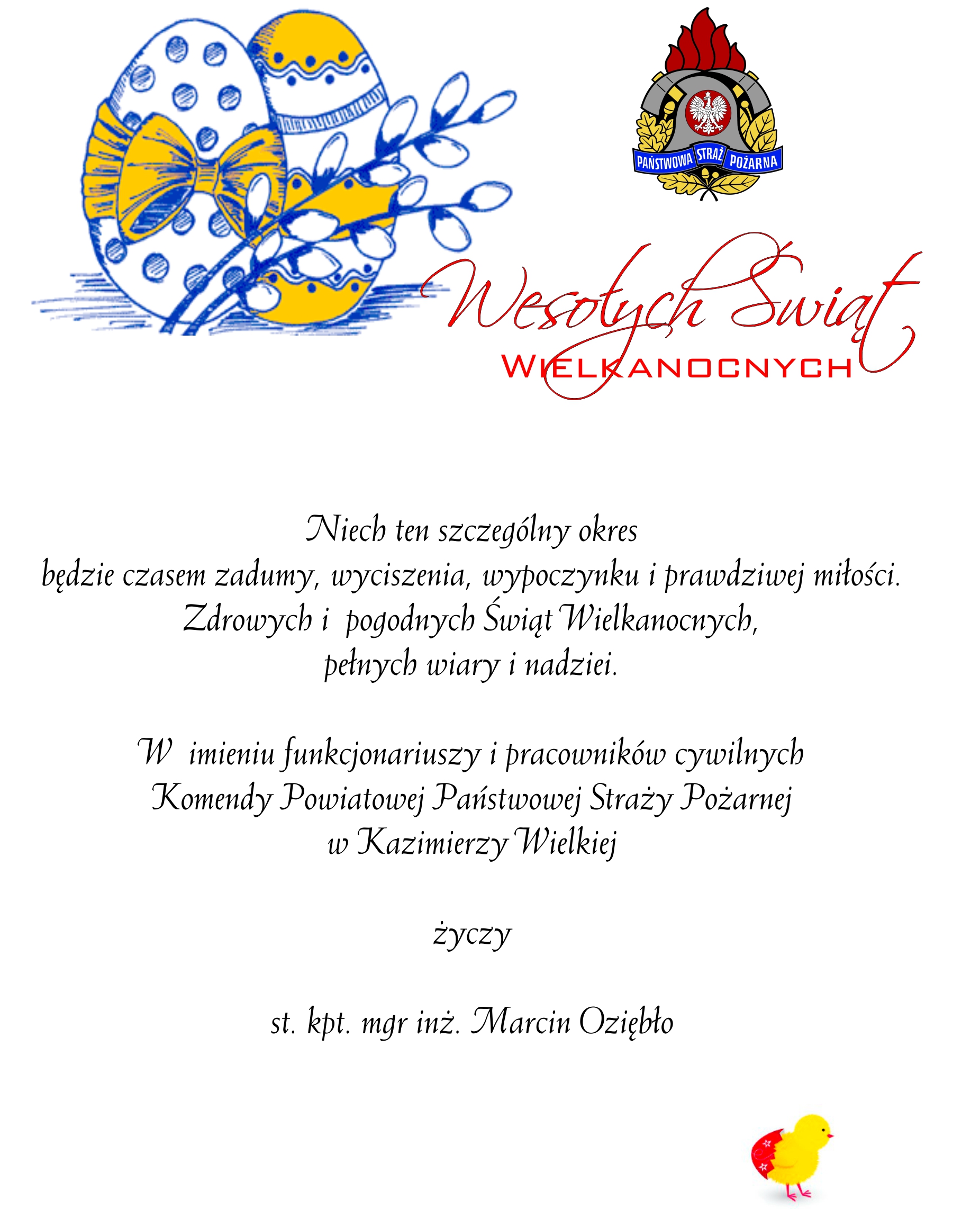 Życzenia Wielkanocne 2022 r. Komendanta Powiatowego PSP
