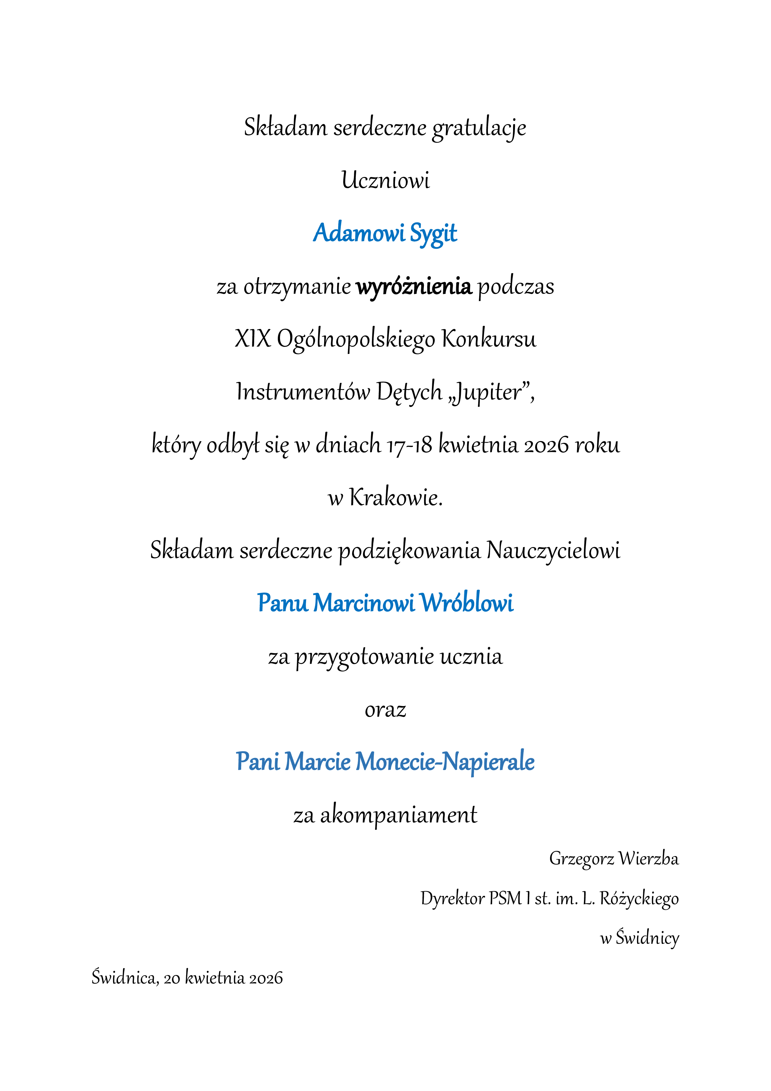 Podziekowania na białej kartce czarna ozdobna czcionka.