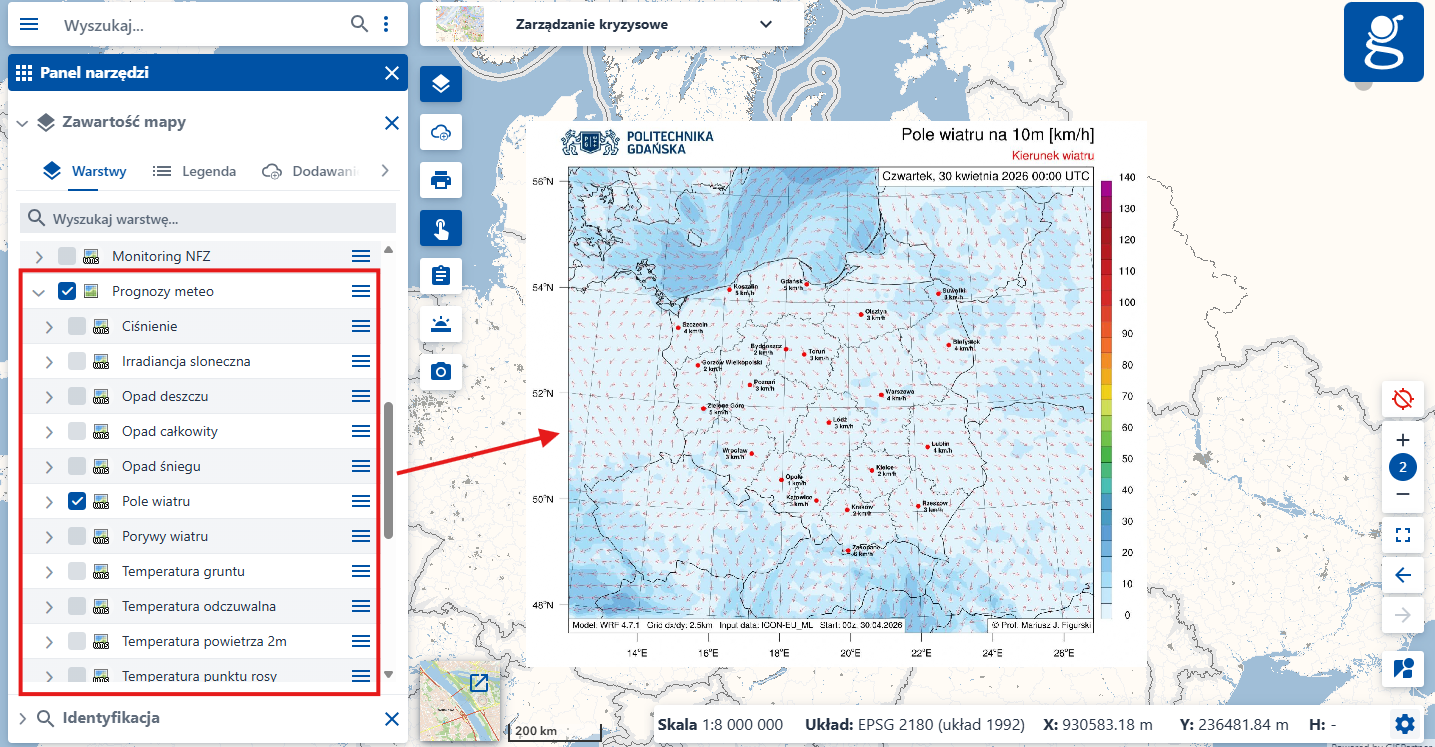 Zrzut ekranu z modułu tematycznego Zarządzanie kryzysowe, w którym ukazany jest pole wyboru warstw Prognozy meteo.