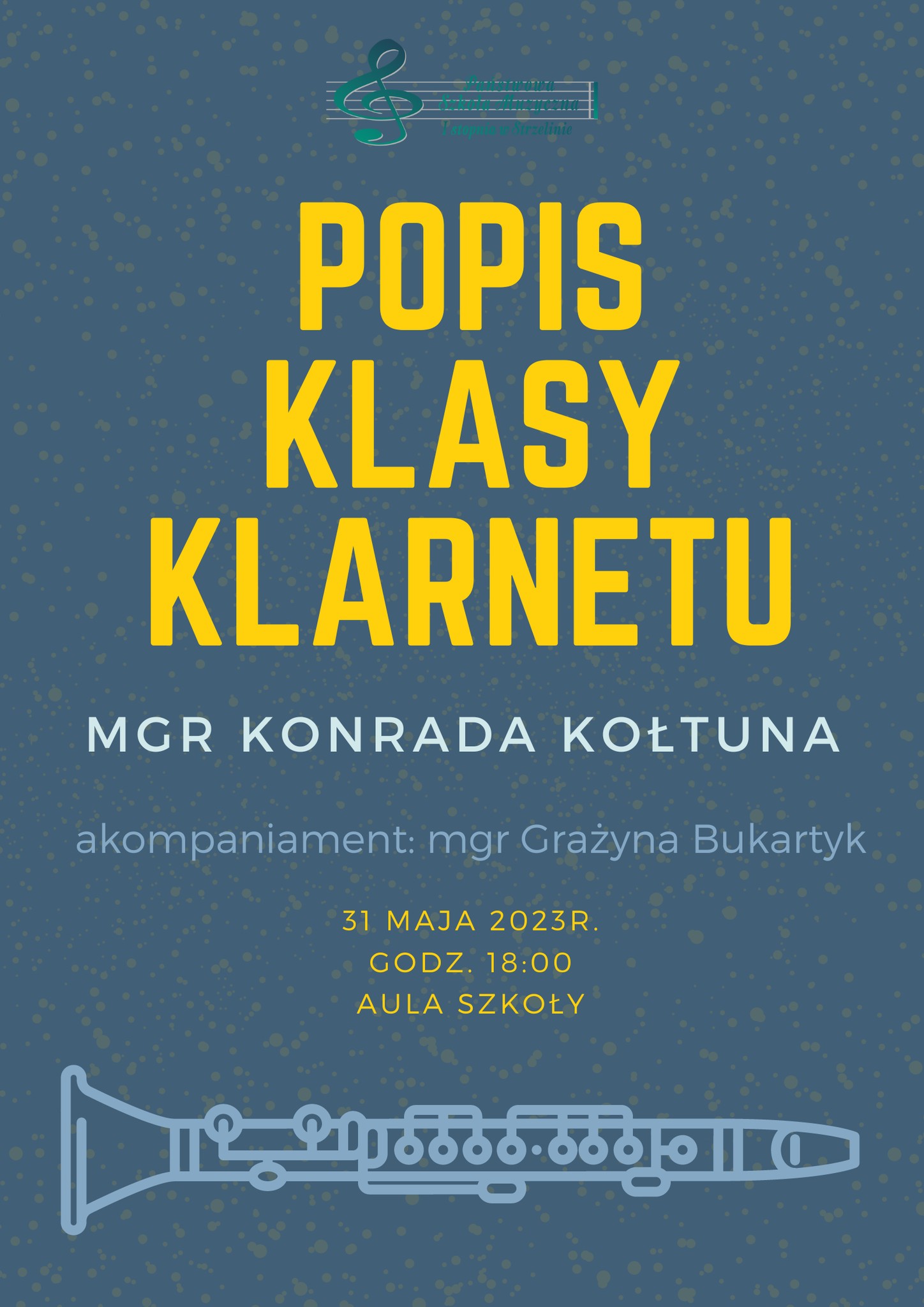 W centrum znajdują się informacje dotyczące wydarzenia z grafiką klarnetu na niebieckim tle.