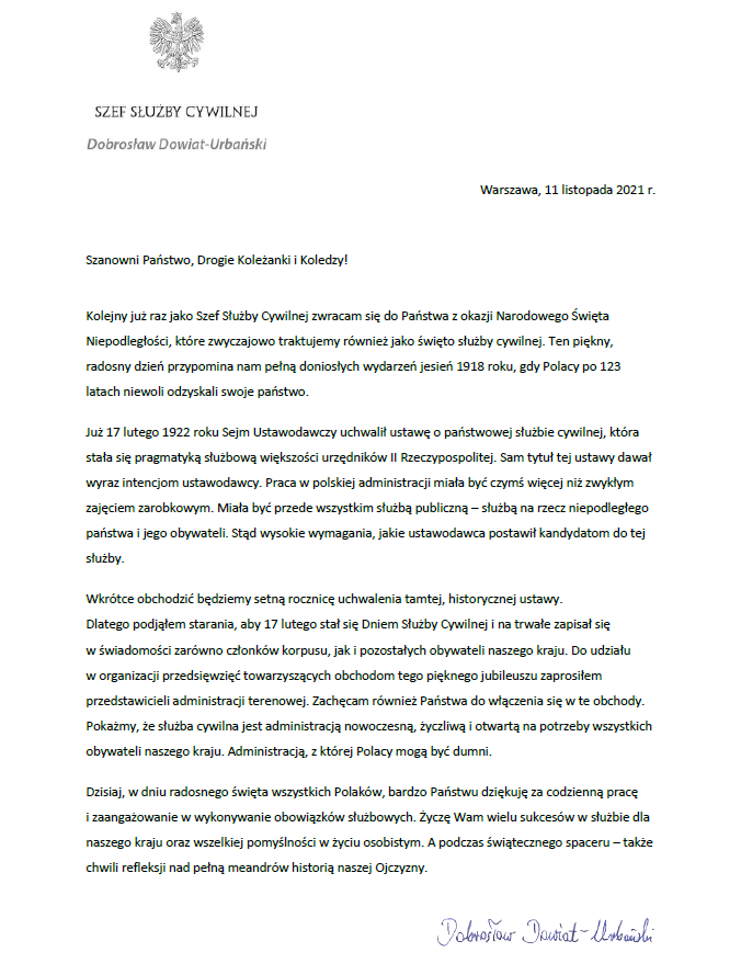 List Szefa Służby Cywilnej z okazji Święta Niepodległości oraz Święta Służby Cywilnej