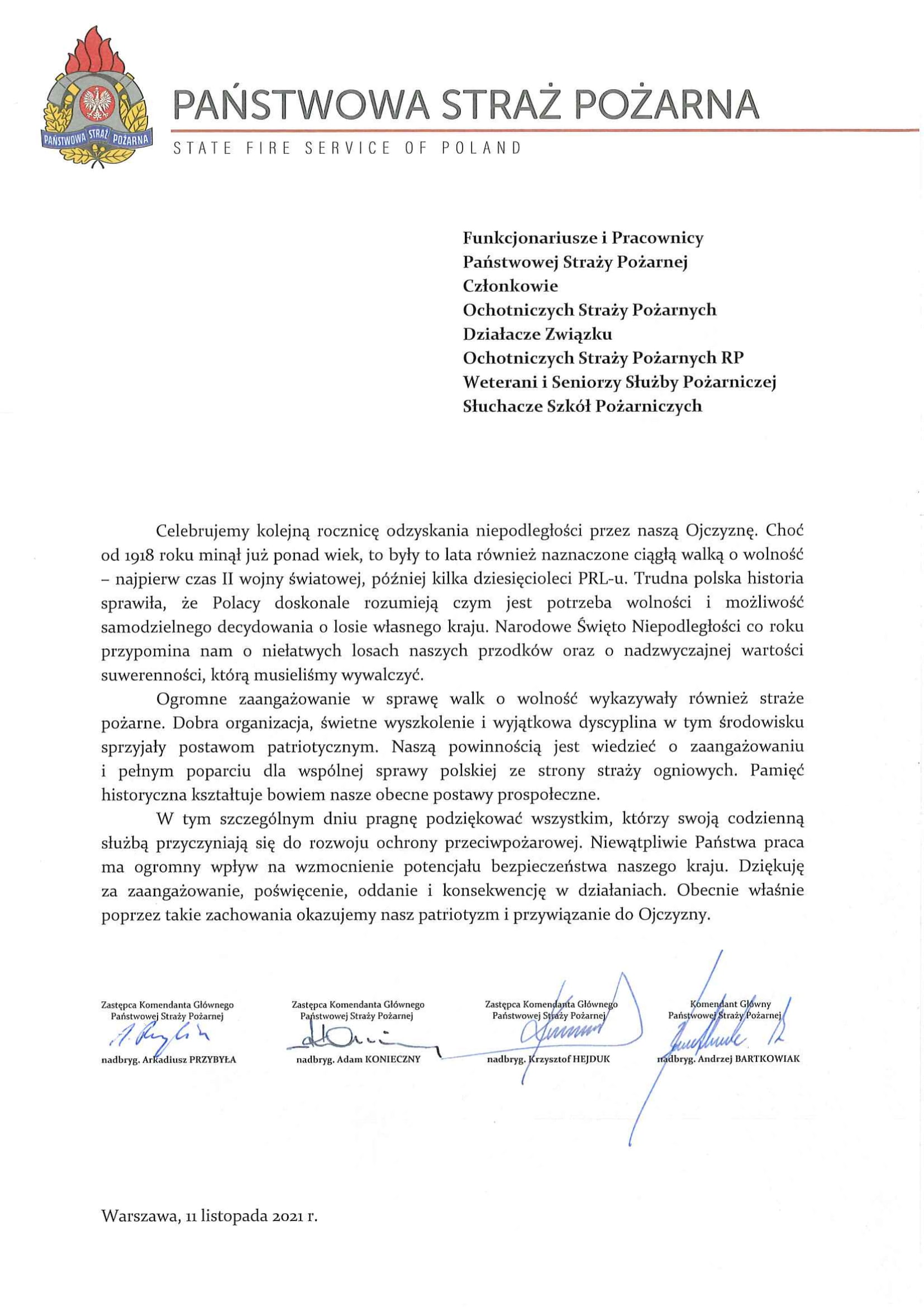 List Kierownictwa Komendy Głównej PSP z okazji Narodowego Święta Niepodległości
