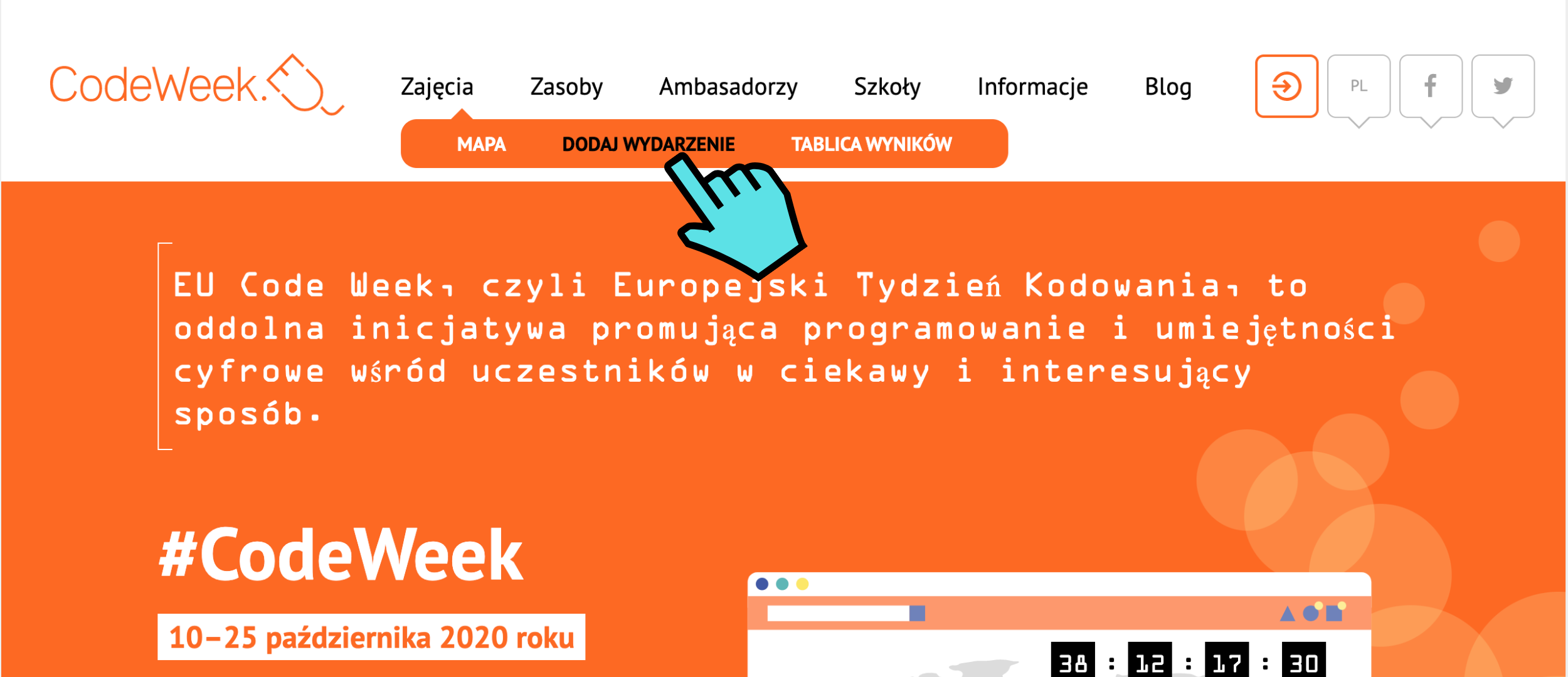Grafika przedstawia zdjęcie ekranu startowego strony internetowej www.codeweek.eu. Na górze strony znajduje się pasek aktywności, gdzie rozwinięty jest pasek aktywności zakładki “Zajęcia”. Opcja “Dodaj wydarzenie” wyróżniona jest czarnym kolorem. Wskazuje na nią niebieski kursor myszy. 