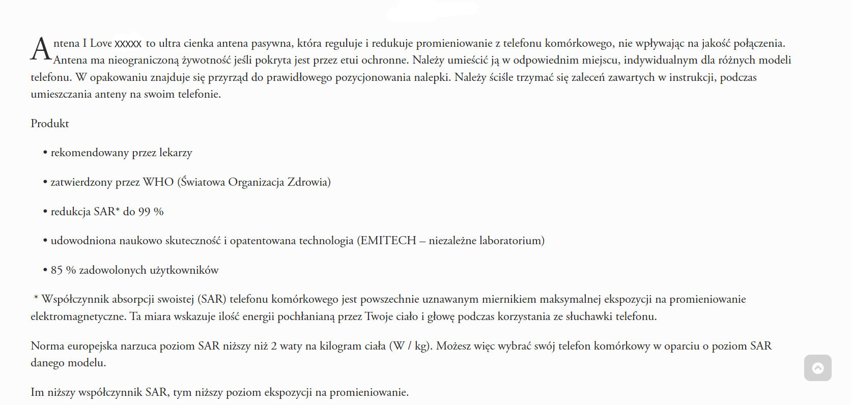 Reklama naklejki do telefonu komórkowego, która ma rzekomo chronić przed szkodliwym PEM zawierająca informacje o absorpcji PEM wg współczynnika SAR oraz zatwierdzeniu jej przez WHO..