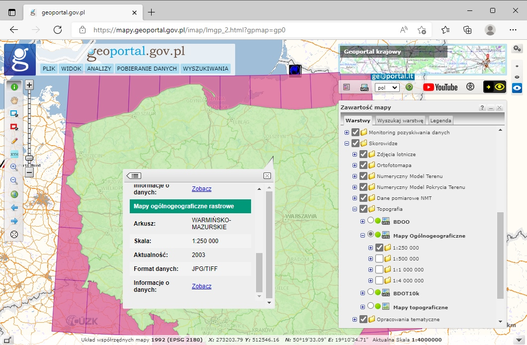 Ilustracja przedstawia zrzut z Geoportalu z włączoną warstwą prezentującą skorowidz map ogólnogeograficznych