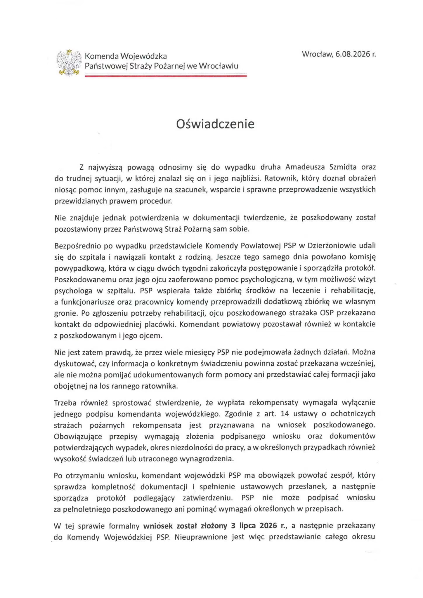 Oświadczenie KW PSP we Wrocławiu