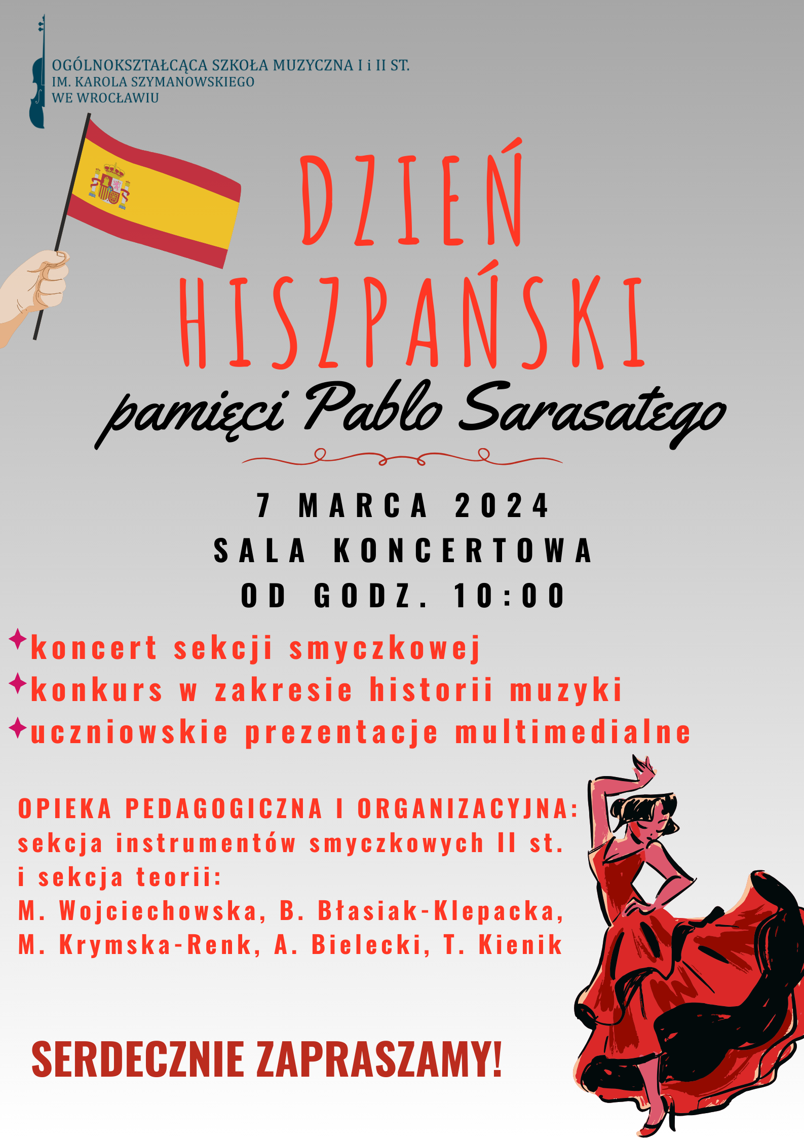plakat w szaro-czerwonej tonacji, zapowiadający koncerty z okazji Dnia hiszpańskiego pamięci Pablo Sarasatego