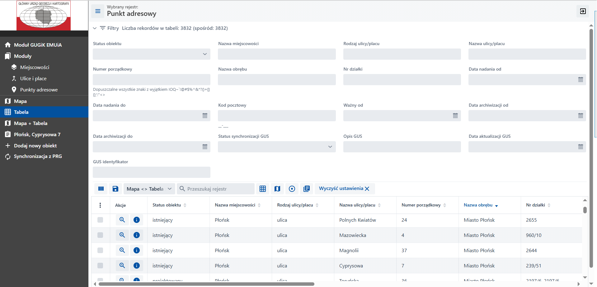 Widok zaawansowanych filtrów tabeli atrybutów
